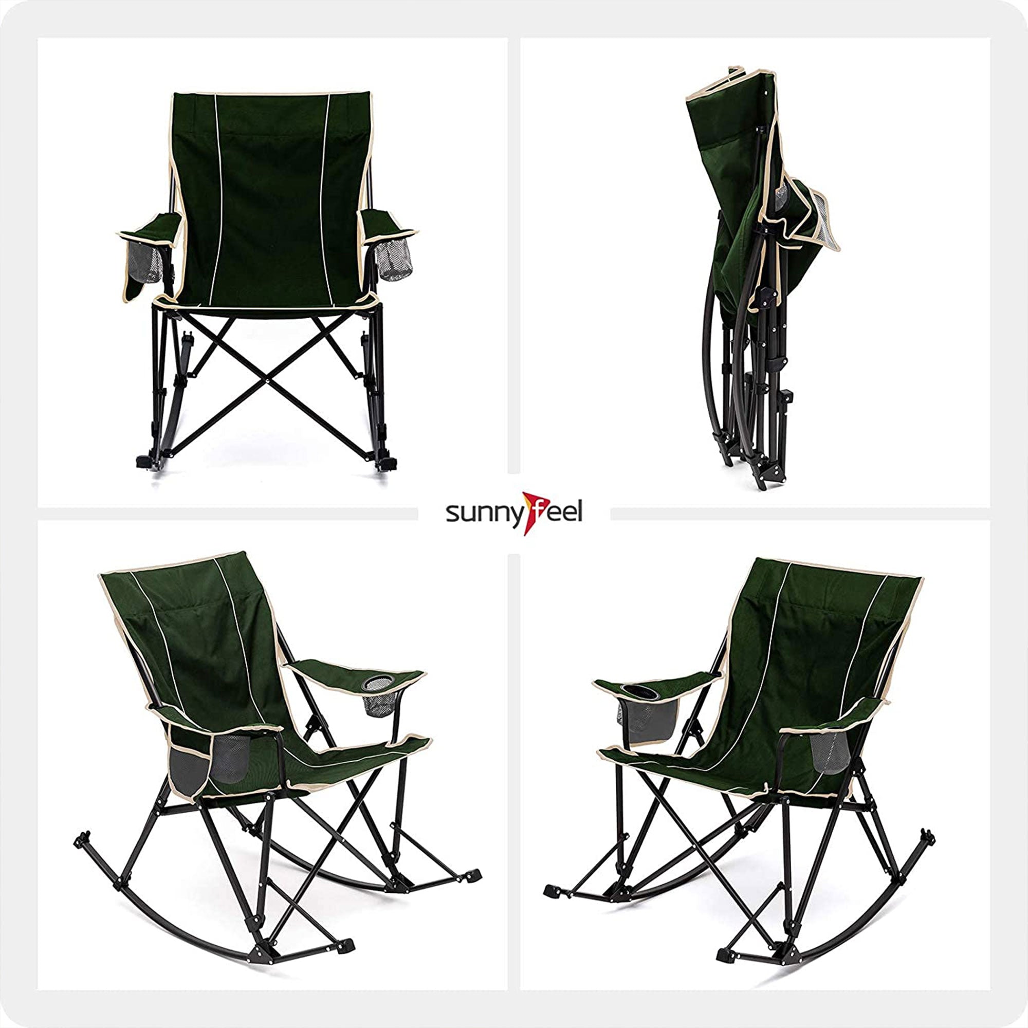 Sunnyfeel Outdoor Portable Folding Rocker Lounge Chair with Cup Holders, Green