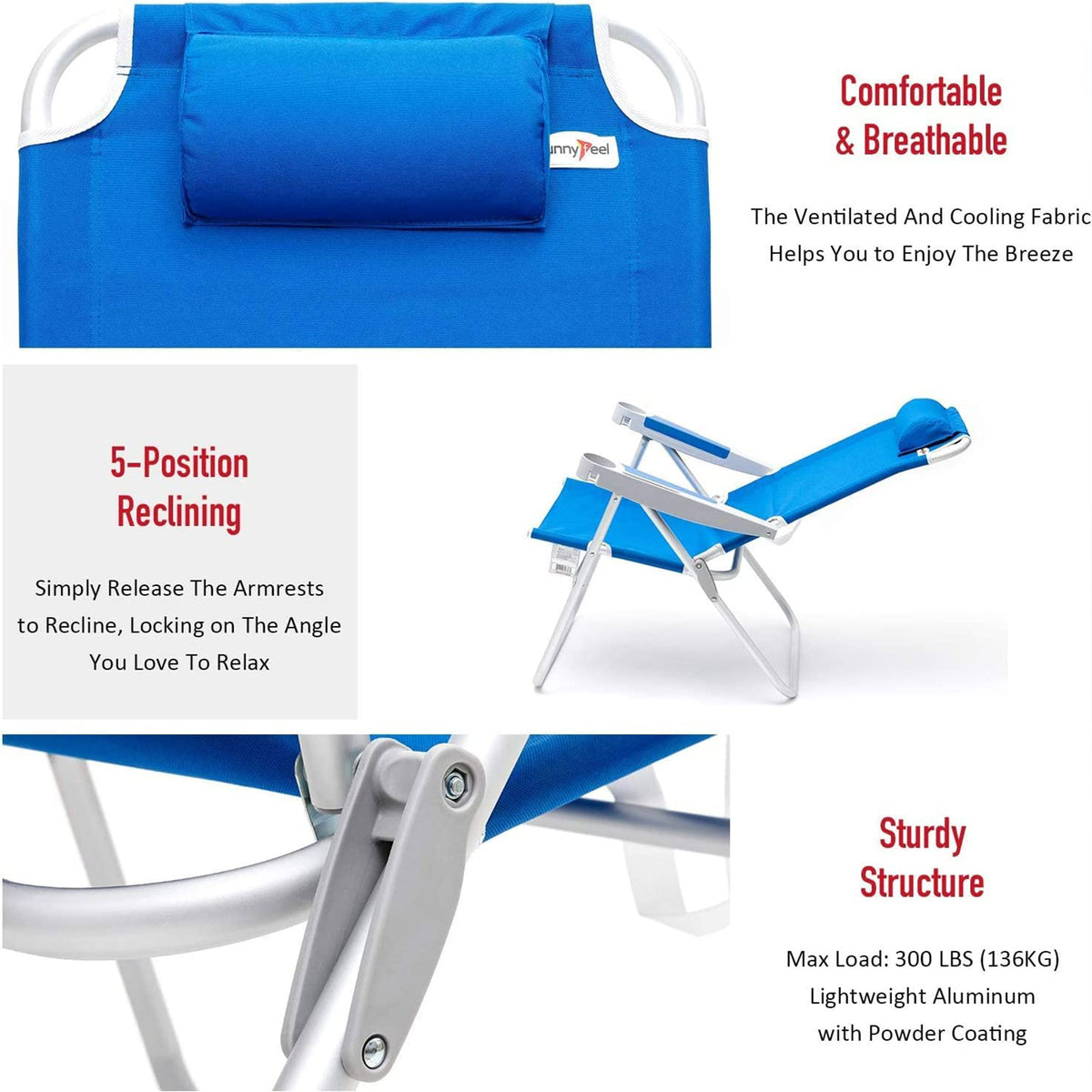 Outdoor Beach Folding Reclining Chair w/Armrest Cup Holders, Sea Blue (Open Box) - VMInnovations