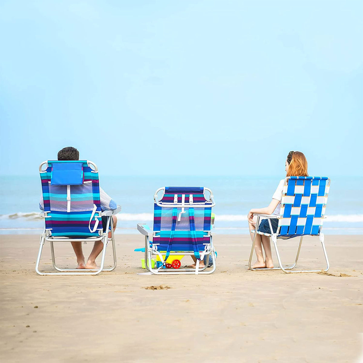 Outdoor Beach Folding Reclining Chair w/Armrest Cup Holders, Sea Blue (Open Box) - VMInnovations