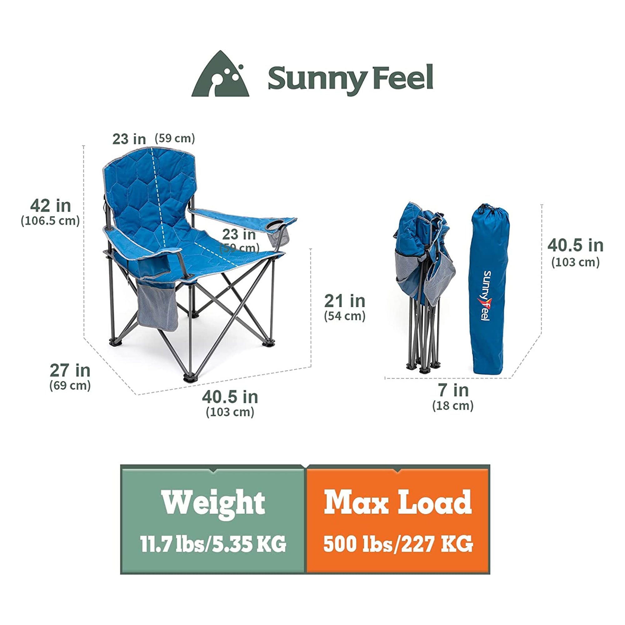 SunnyFeel Oversized Heavy Duty Folding & Padded Camping Chair, Blue (Open Box) - VMInnovations