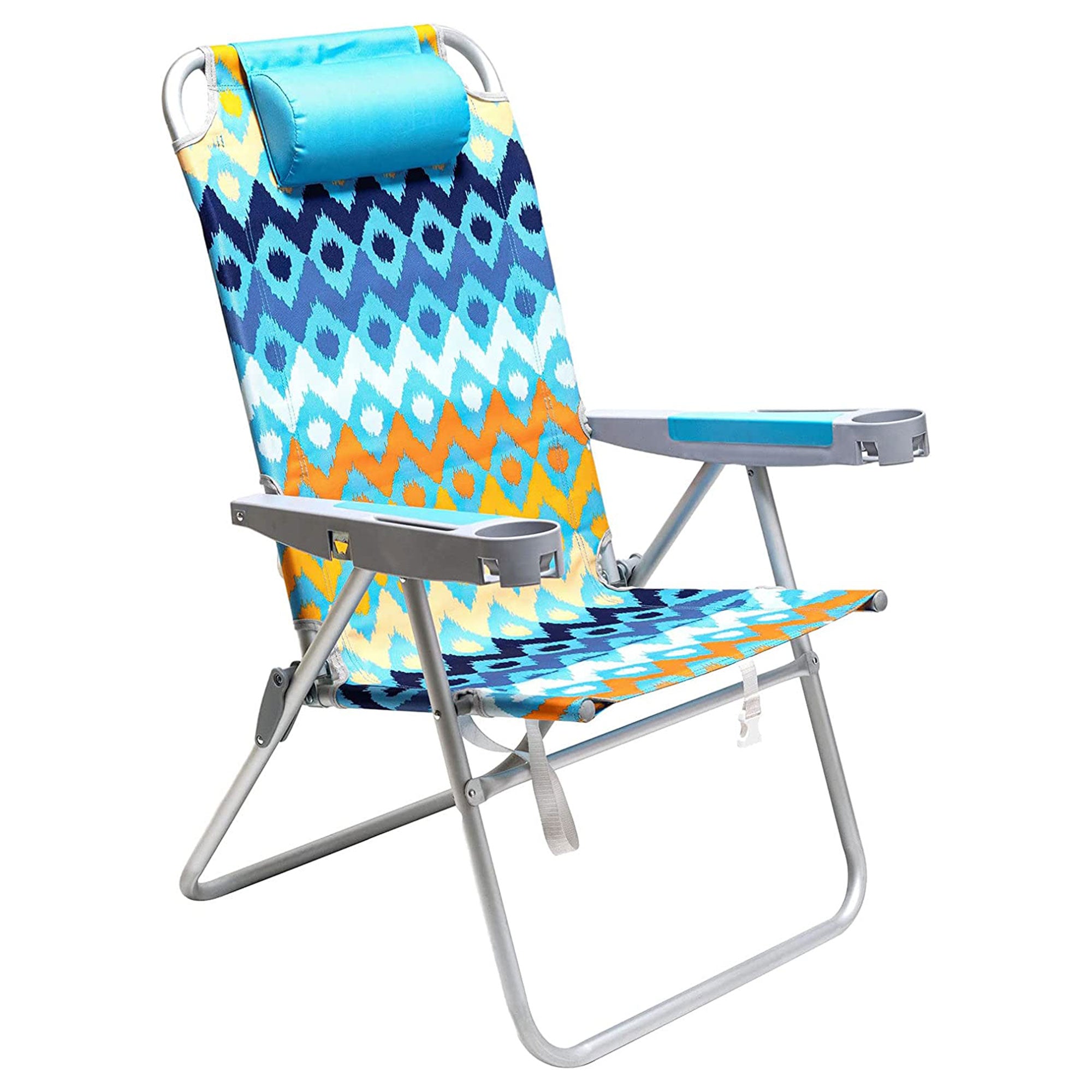 Sunnyfeel Outdoor Beach Folding Reclining Chair w/Armrest Cup Holders, Blue Wave