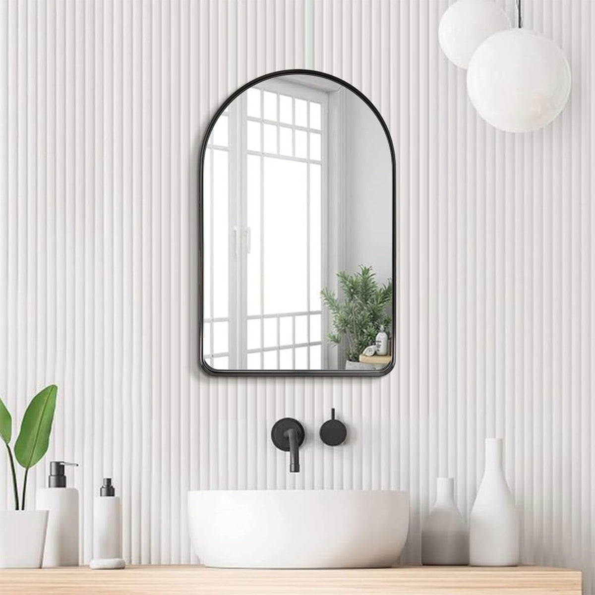 20 x 30 In Arched Wall Mounted Vanity Mirror w/ Steel Frame, Black (Used) - VMInnovations