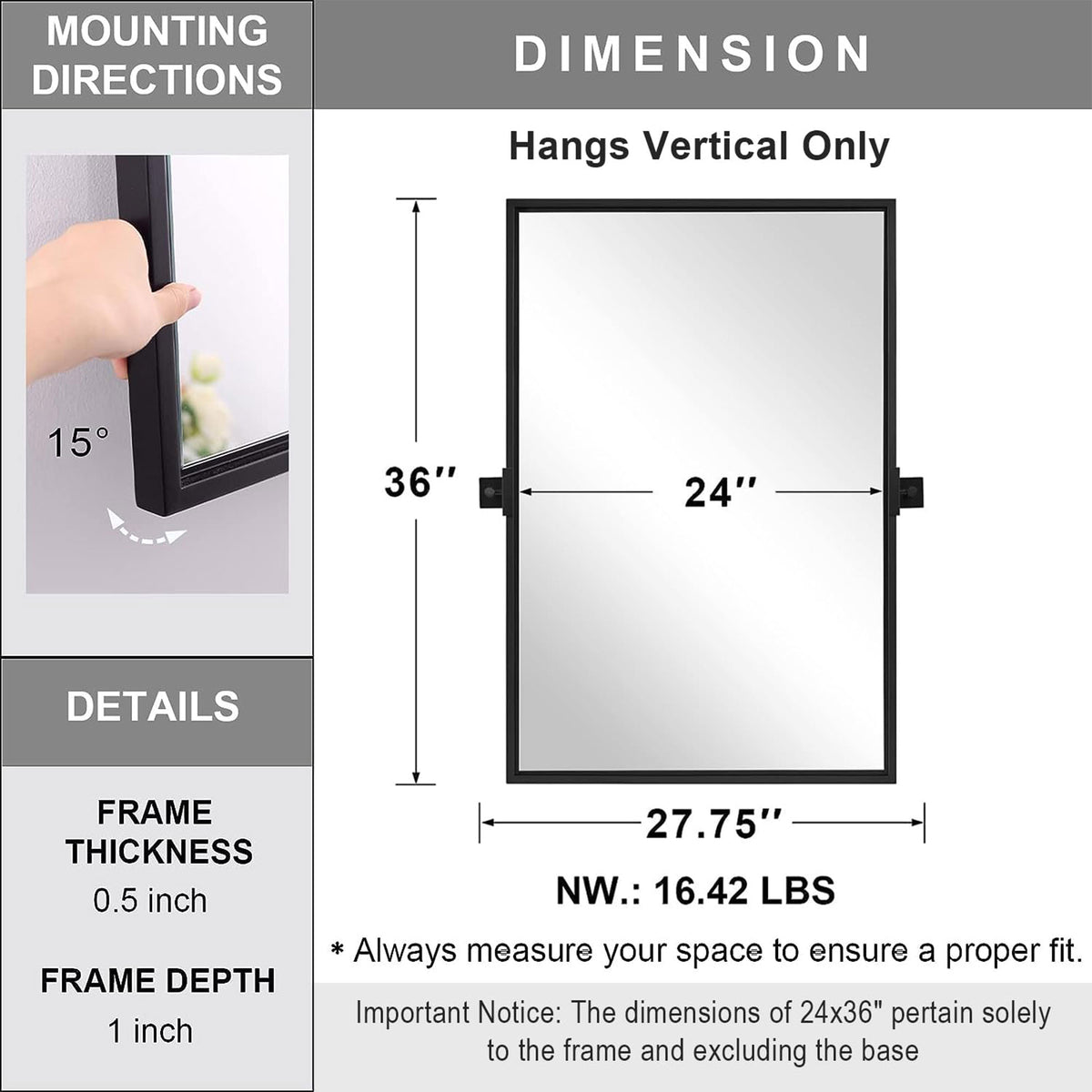 Moon Mirror 24 x 36 Inch Pivoted Wall Mounted Vanity Mirror, Black (Open Box) - VMInnovations
