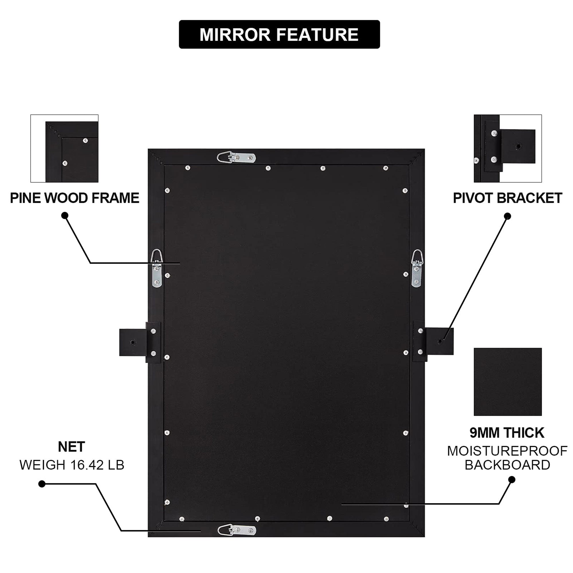 Moon Mirror 24" x 36" Rectangular Wall Mounted Vanity Mirror, Black (For Parts) - VMInnovations