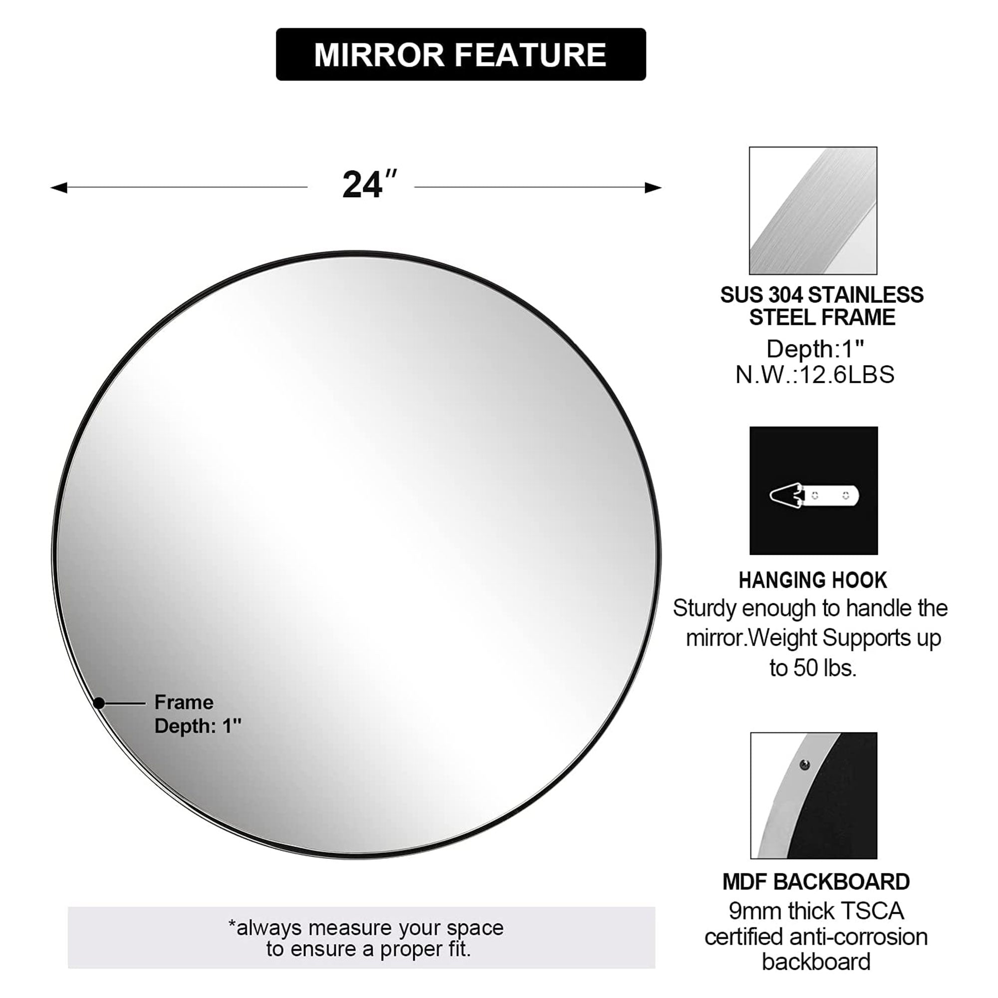 ANDY STAR 24" Round Mirror w/Stainless Steel Metal Frame, Chrome (Open Box) - VMInnovations