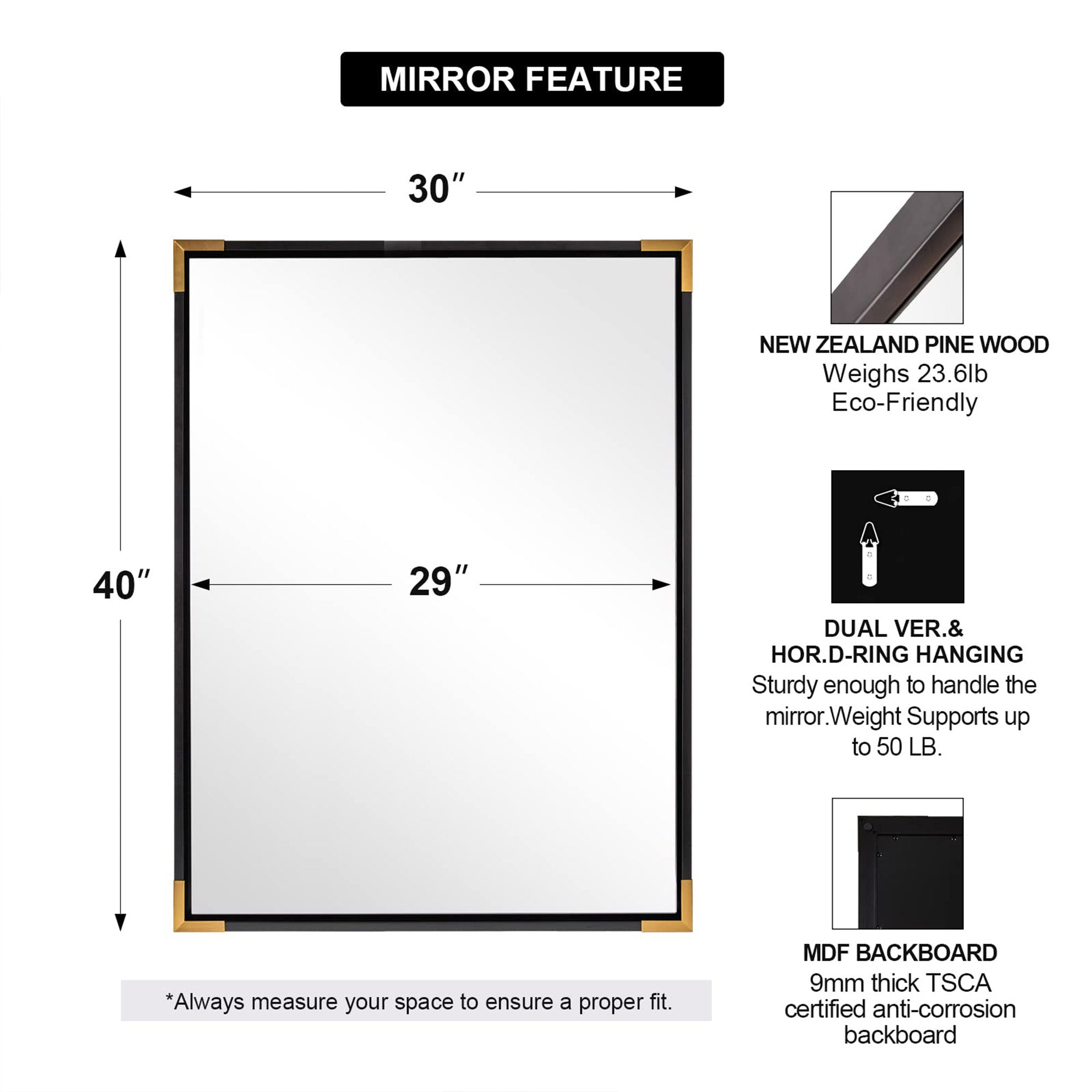 ANDY STAR 30 x 40 Inch Wood Framed Vanity Mirror, Black and Gold (Open Box) - VMInnovations