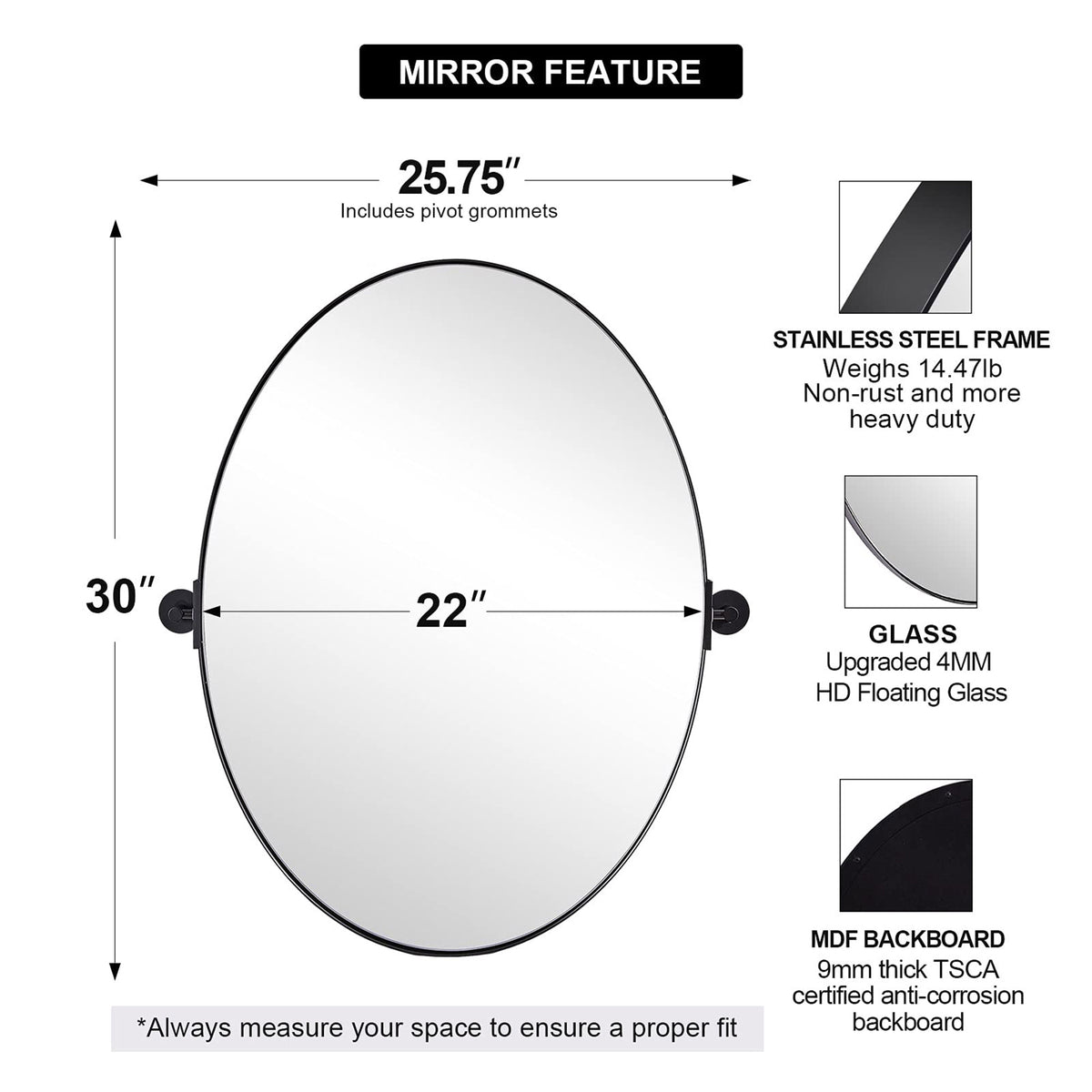 Moon Mirror Modern 22x30In Oval Wall Mounted Mirror, Matte Black(Open Box)