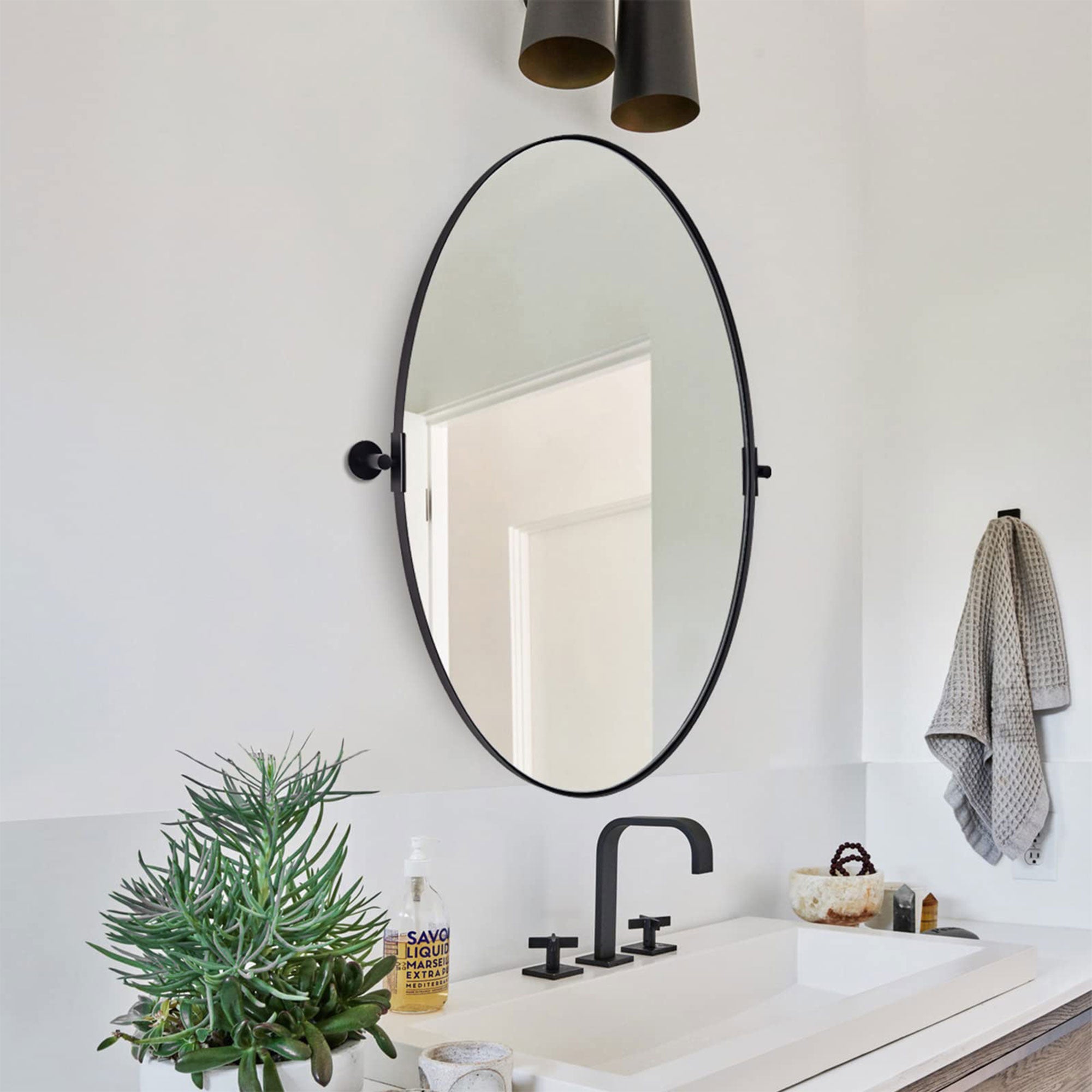 Moon Mirror Modern 22x30 Inch Oval Wall Mounted Vanity Mirror, Matte Black(Used) - VMInnovations