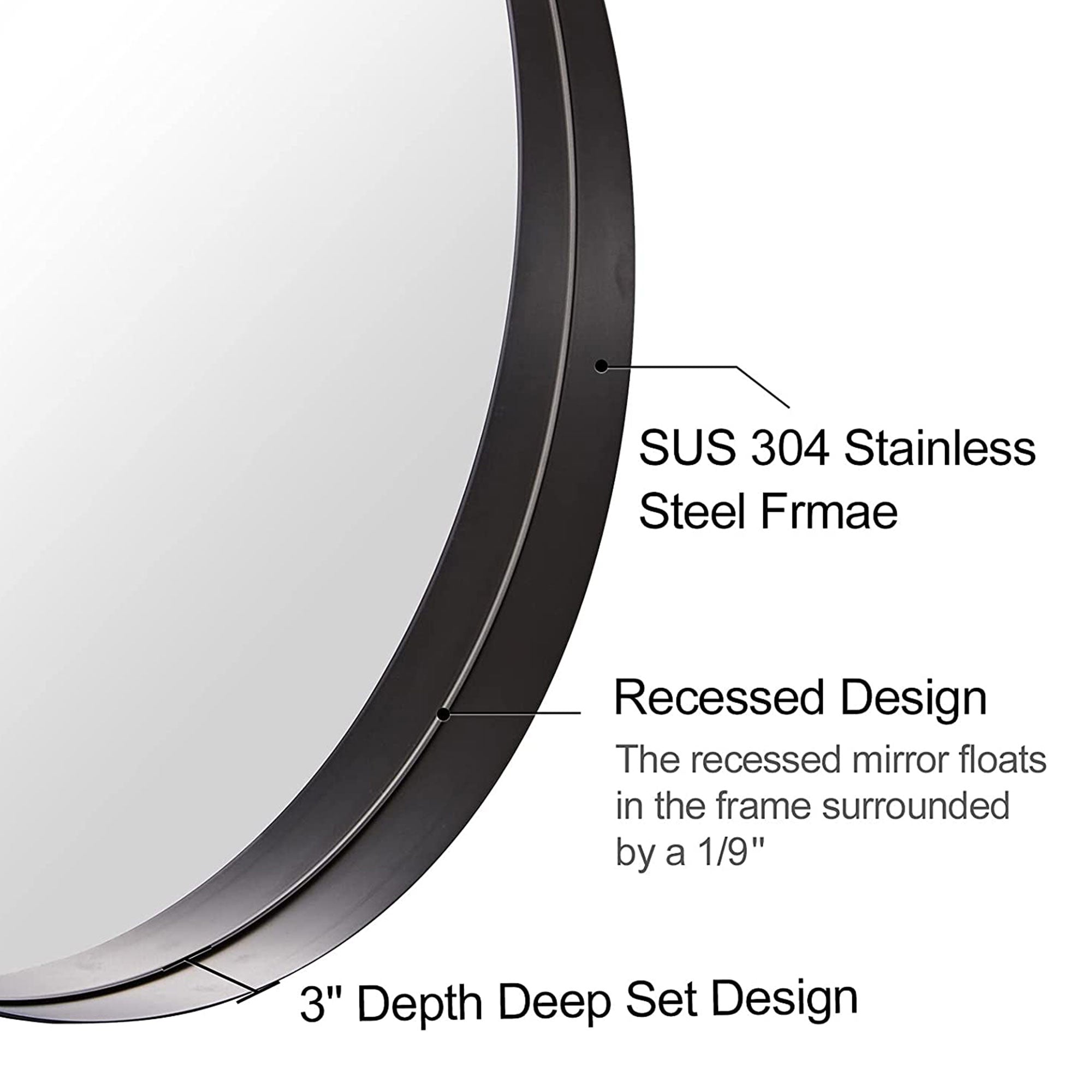 30 Inch Circle Mirror 3 In Deep w/ Stainless Steel Metal Frame, Black (Open Box) - VMInnovations
