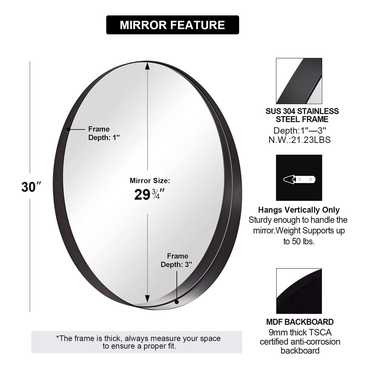ANDY STAR 30" Circle Mirror 3 In Deep w/ Stainless Steel Metal Frame,Black(Used) - VMInnovations