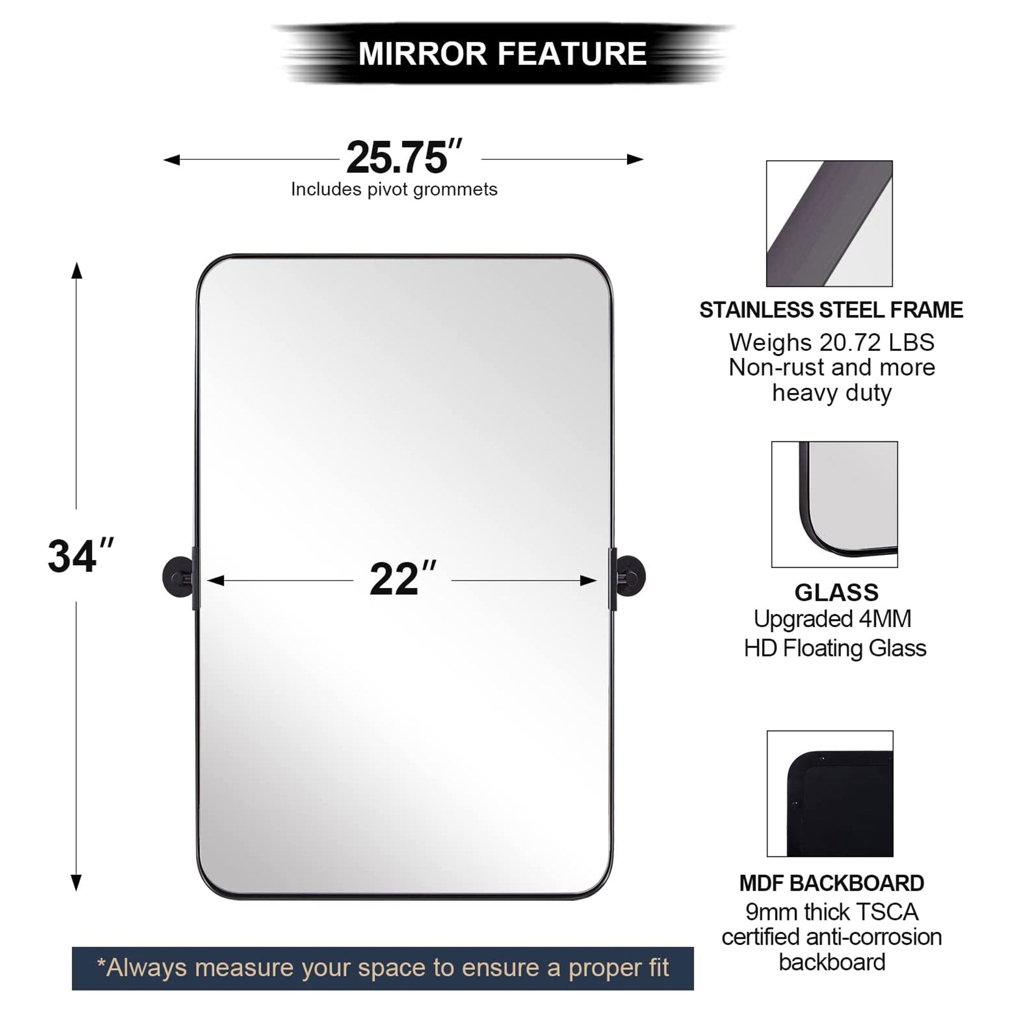 22 x 34 In Rectangular Wall Mounted Vanity Mirror, Matte Black (Used) - VMInnovations