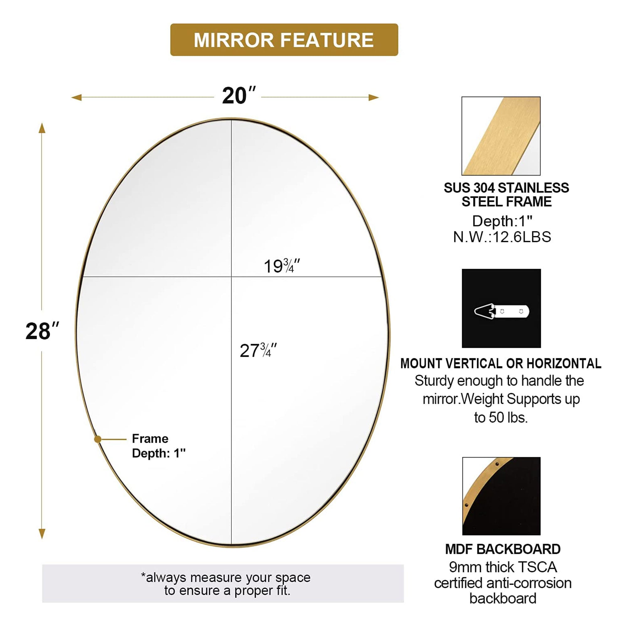 ANDY STAR Modern 20" x 28" Oval Wall Hanging Bathroom Vanity Mirror, Gold (Used) - VMInnovations