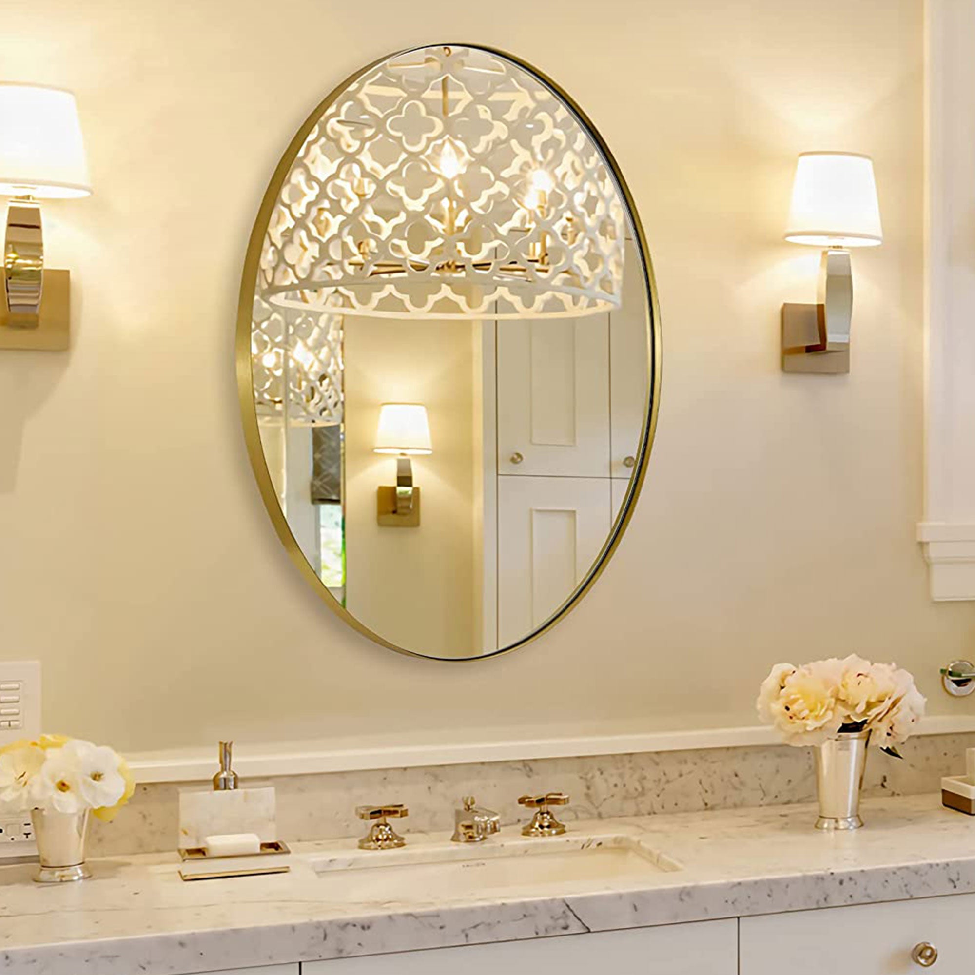 ANDY STAR Modern 20" x 28" Oval Wall Hanging Bathroom Vanity Mirror, Gold (Used) - VMInnovations