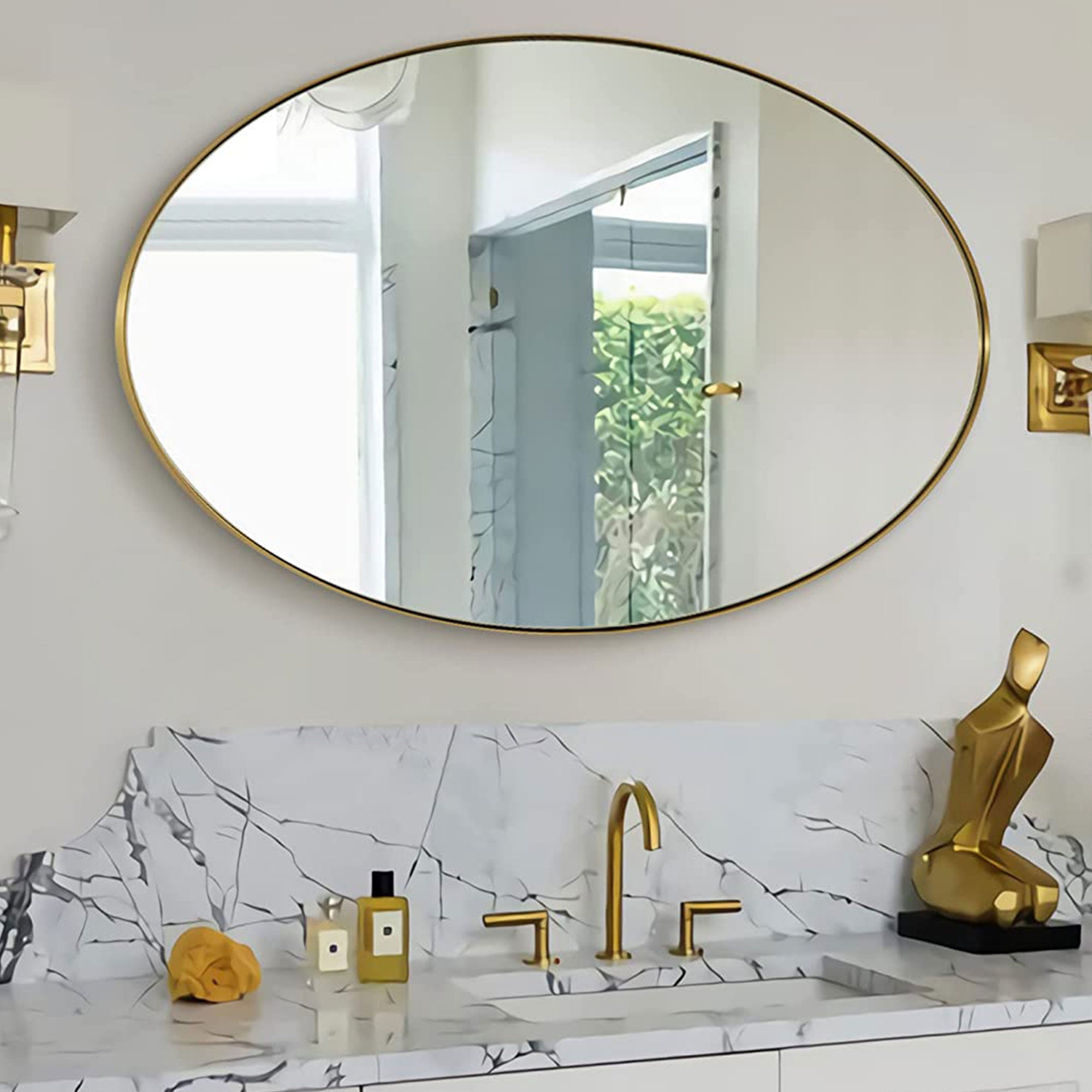 ANDY STAR Modern 20" x 28" Oval Wall Hanging Bathroom Vanity Mirror, Gold (Used) - VMInnovations