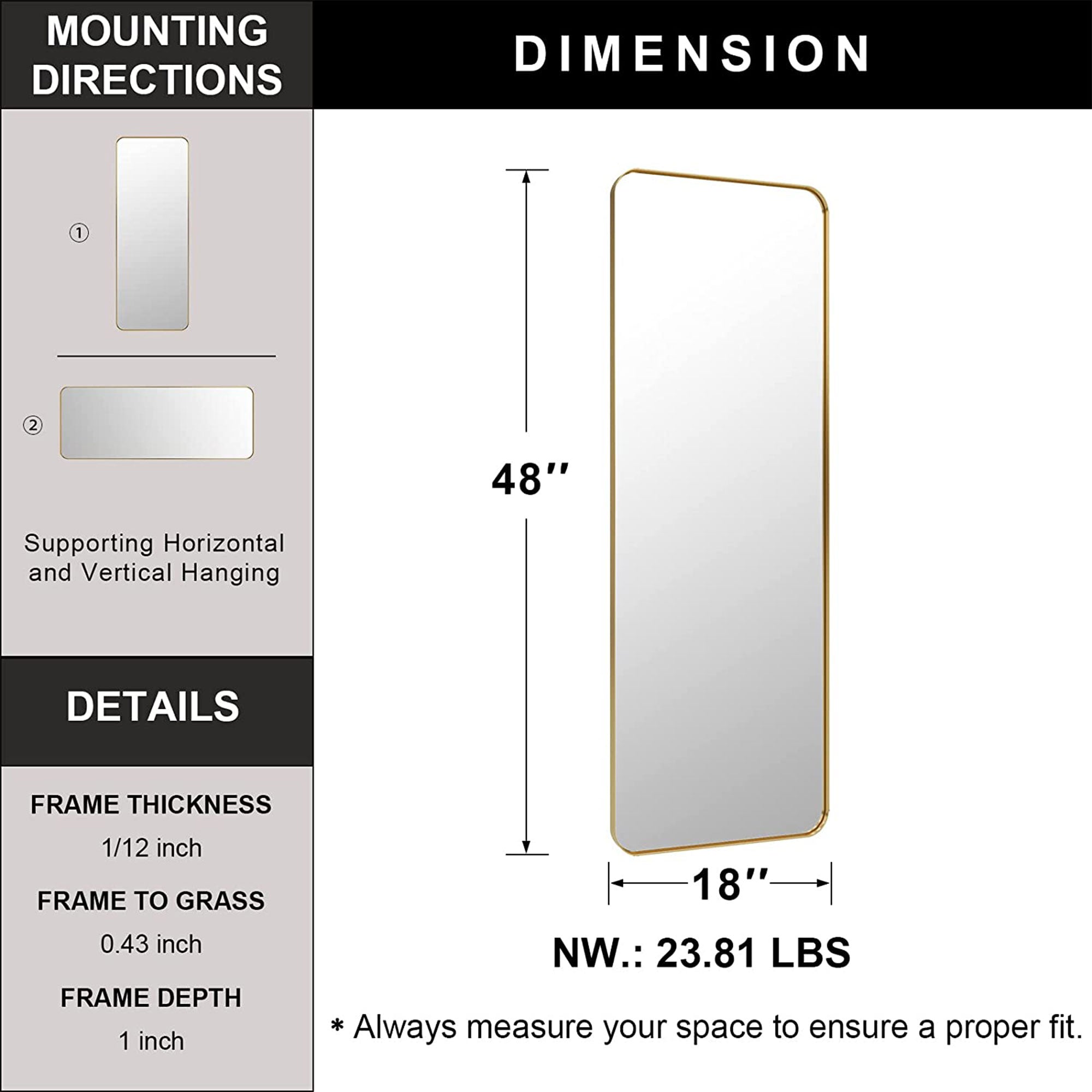 Modern 18 x 48 Inch Rectangular Full Body Length Mirror, Brushed Gold (Open Box) - VMInnovations
