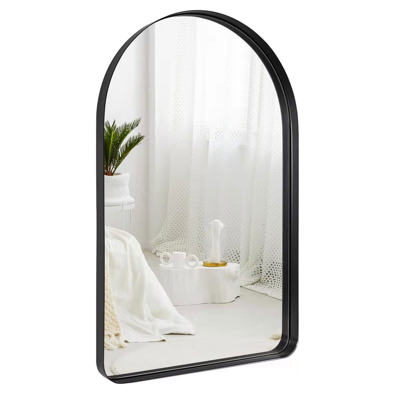 22 x 35 x 2 Inch Wall Mounted Metal Frame Arched Vanity Mirror, Black (Used)
