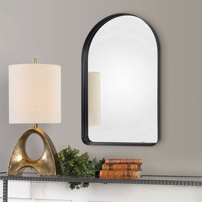 22 x 35 x 2 Inch Wall Mounted Metal Frame Arched Vanity Mirror, Black (Used)