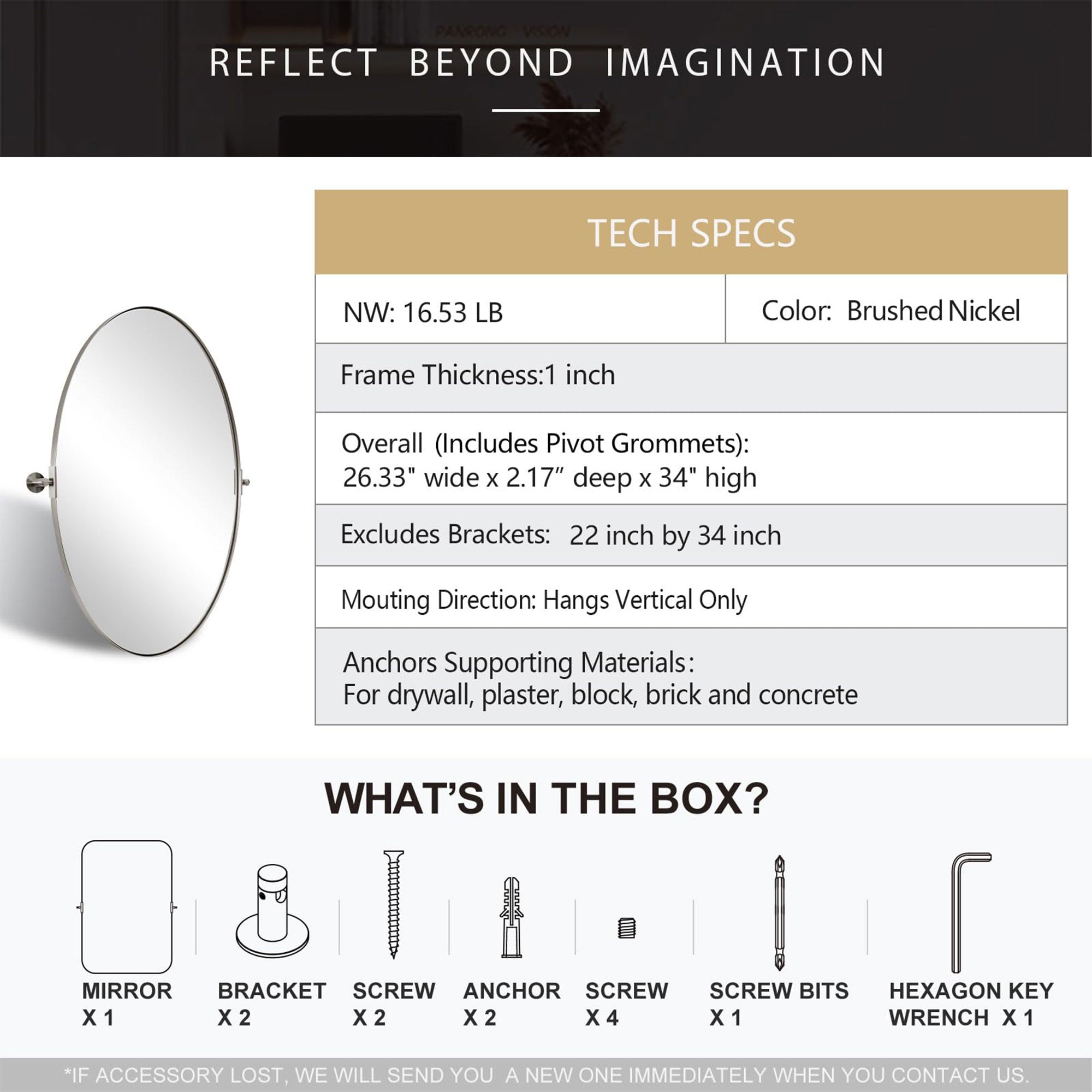 ANDY STAR Modern 22x34" Oval Hanging Bathroom Mirror, Brushed Nickel (Open Box) - VMInnovations