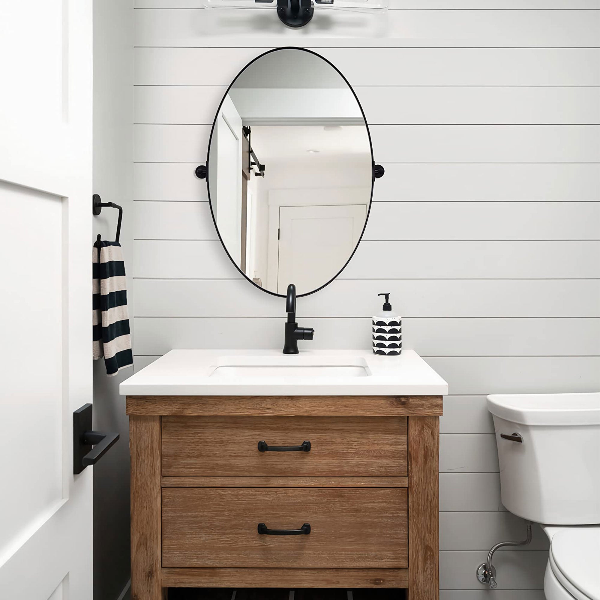 Modern 20 x 30" Oval Wall Hanging Bathroom Mirror, Matte Black (Open Box)