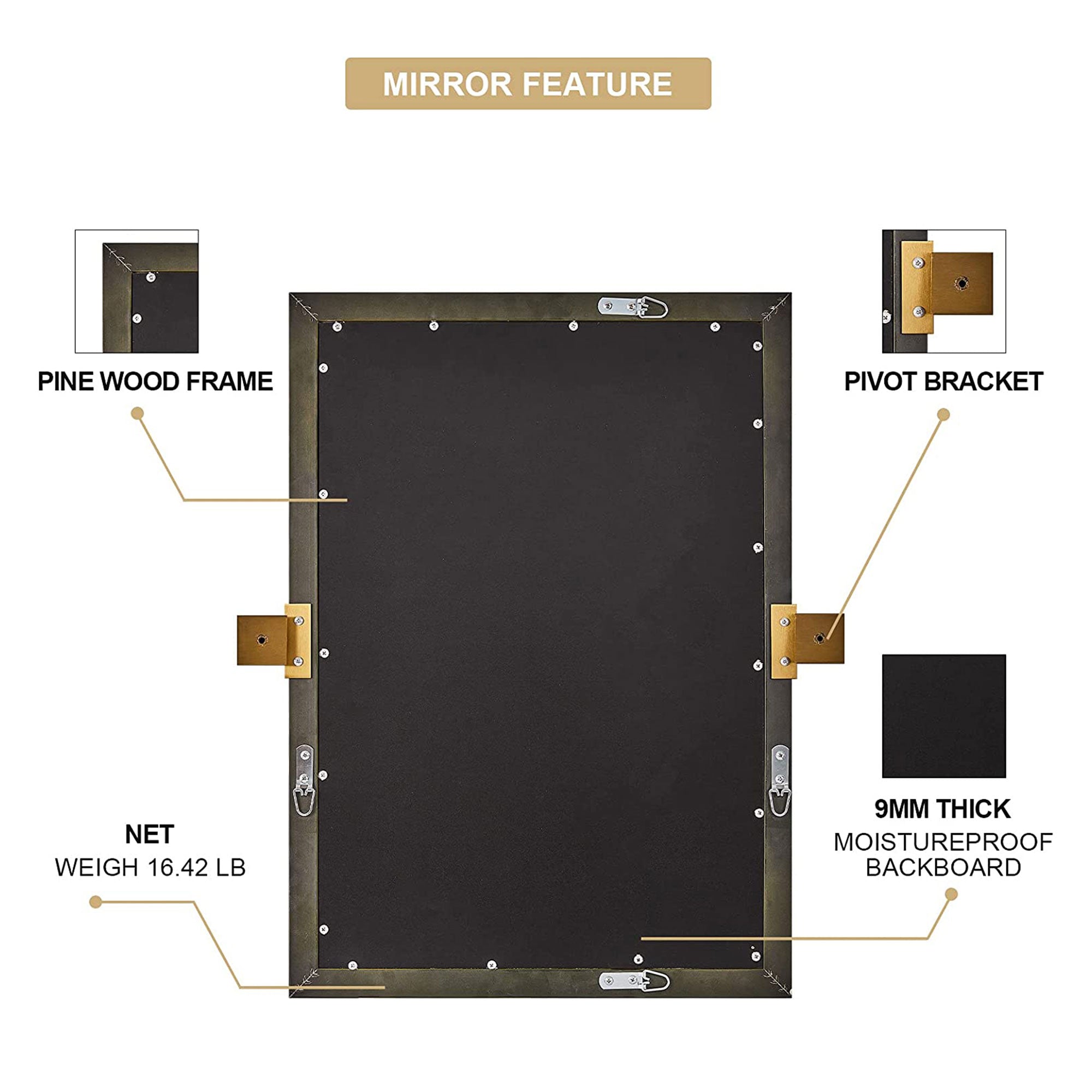 Moon Mirror 24"x36" Pivoted Rectangular Wall Mounted Vanity Mirror, Gold (Used) - VMInnovations