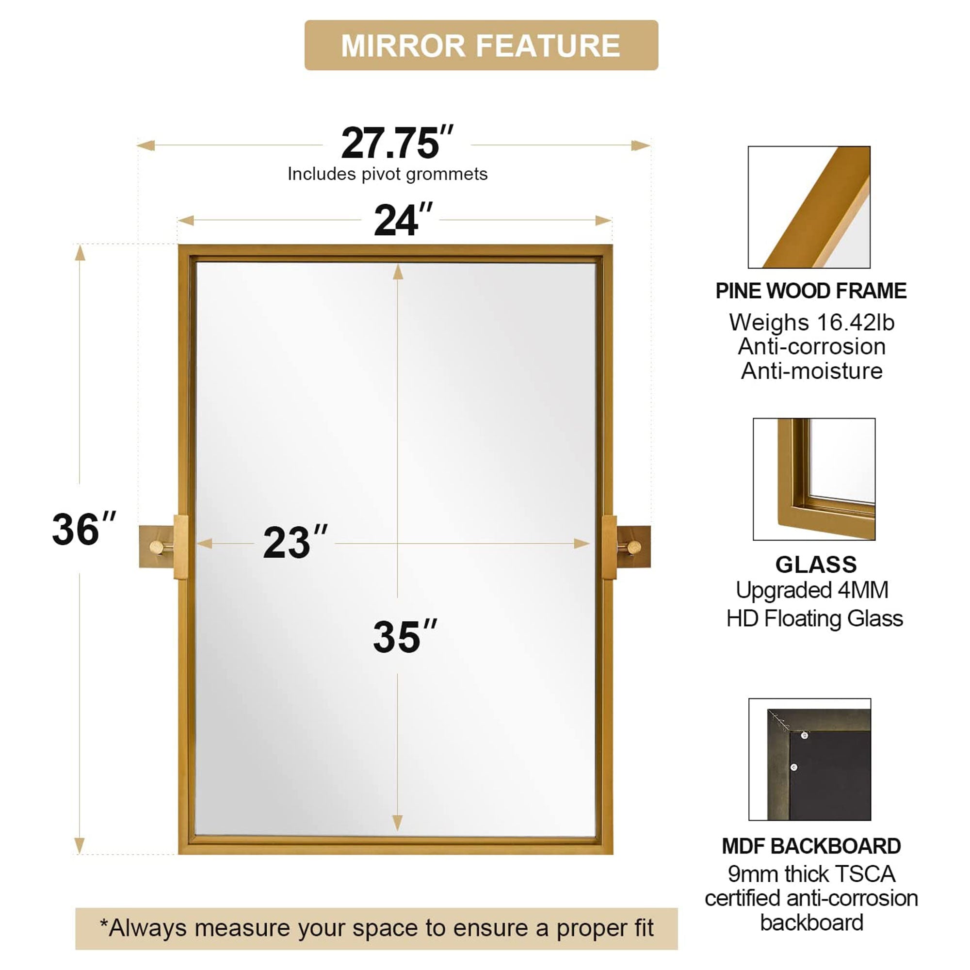 Moon Mirror 24"x36" Pivoted Rectangular Wall Mounted Vanity Mirror, Gold (Used) - VMInnovations