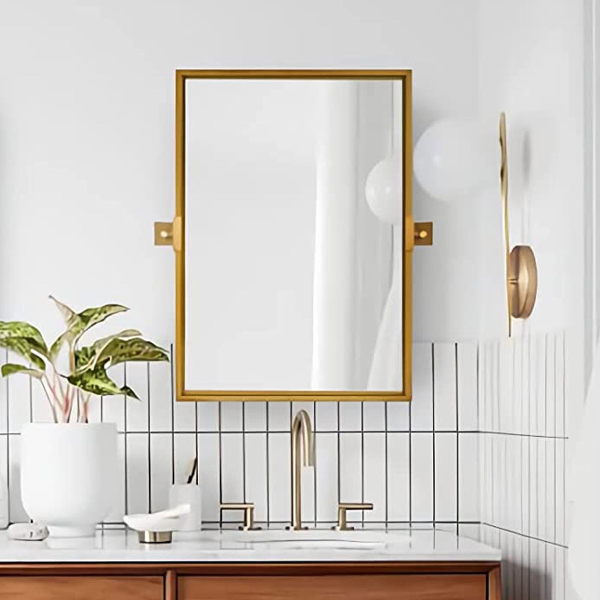 Moon Mirror 24"x36" Pivoted Rectangular Wall Mounted Vanity Mirror, Gold (Used) - VMInnovations