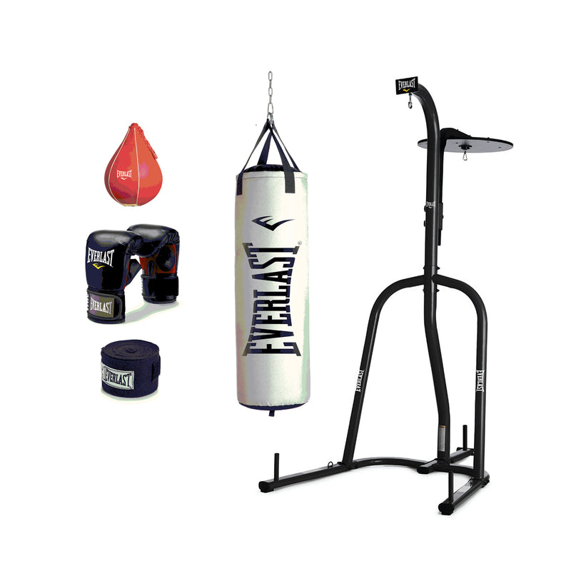 Everlast 2 Station Speed Bag Stand & Nevatear Boxing Kit w/ Gloves, Wraps, & Bag
