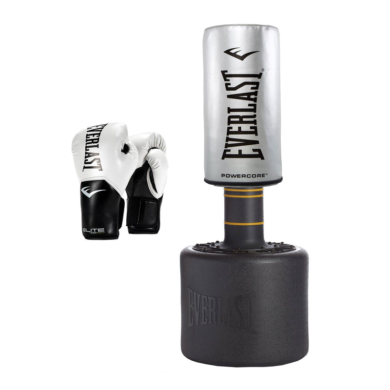 Everlast Powercore Freestanding Training Bag + Pro Elite Boxing Gloves, White