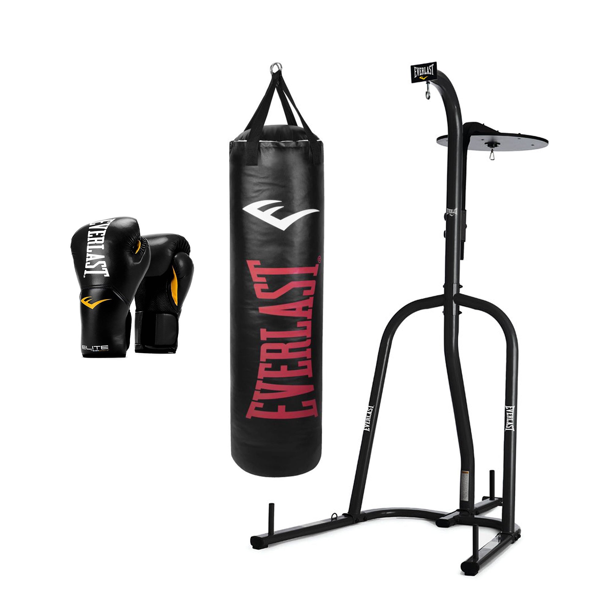 Everlast Dual Bag Stand, NevaTear 70 Lb Heavy Bag, and Pro Style Training Gloves