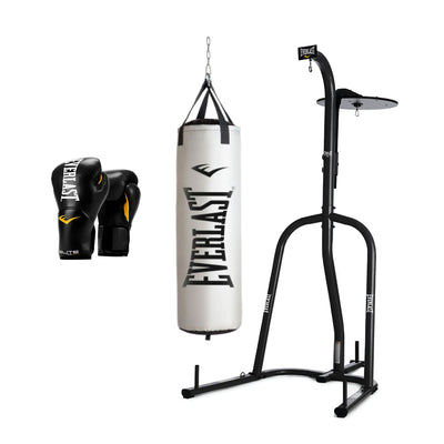 Everlast Dual Bag Stand, Nevatear 60 Lb Heavy Bag, and Pro Style Gloves, Black