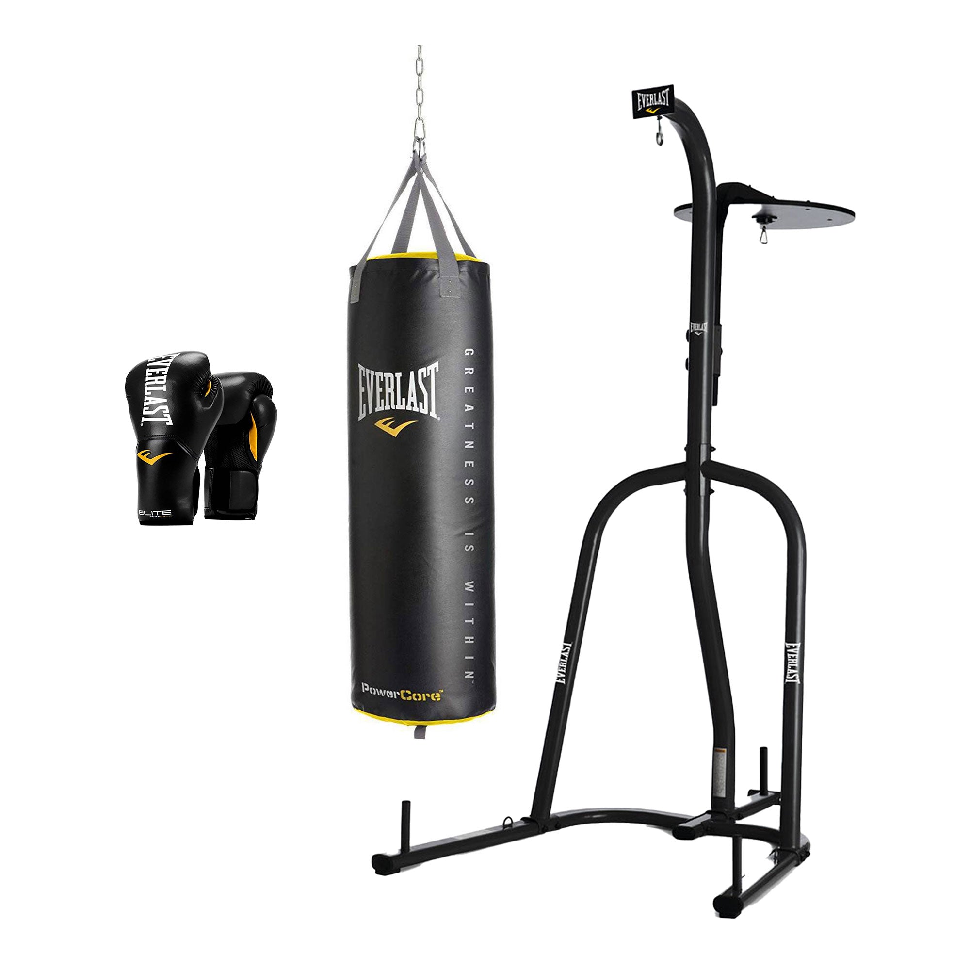 Everlast Dual Bag Stand, Nevatear 100 Pound Heavy Bag, and Pro Style Gloves