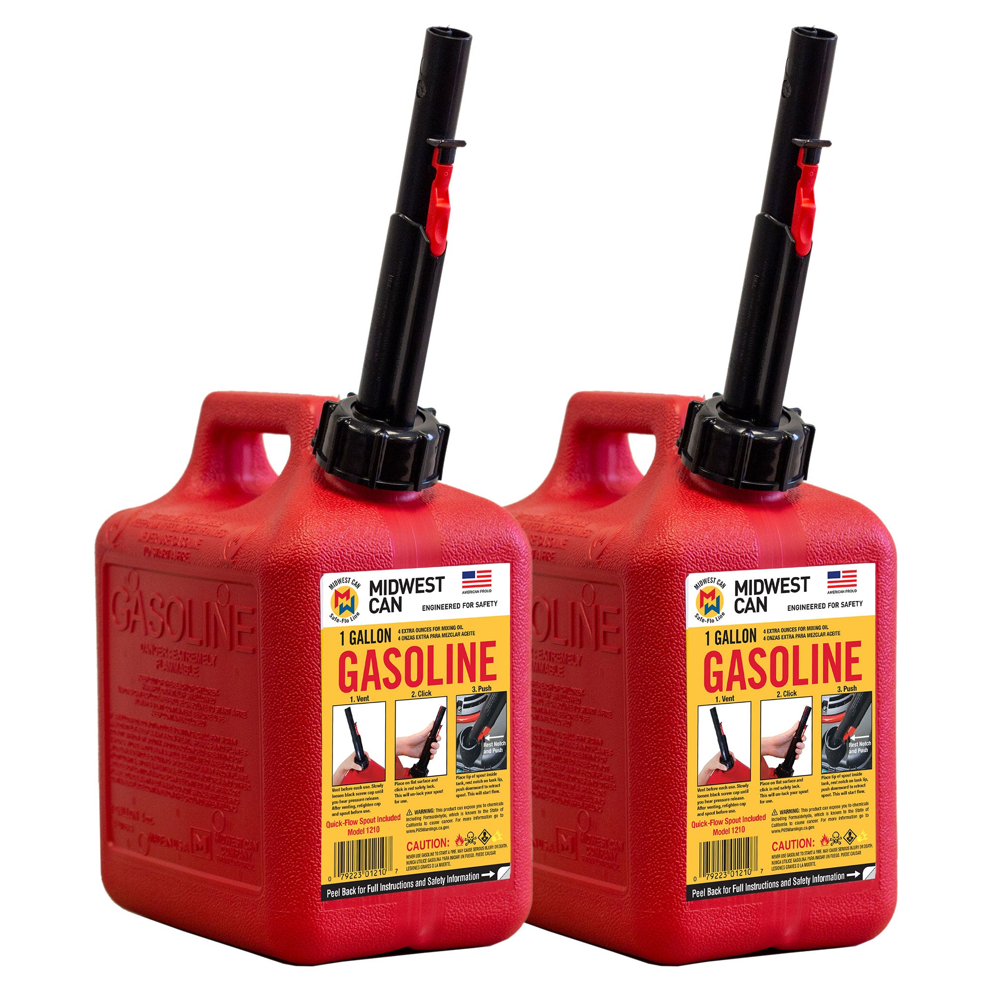 Midwest Can Company 1 Gallon Gas Can Fuel Container Jug with Spout, Red (2 Pack) - VMInnovations
