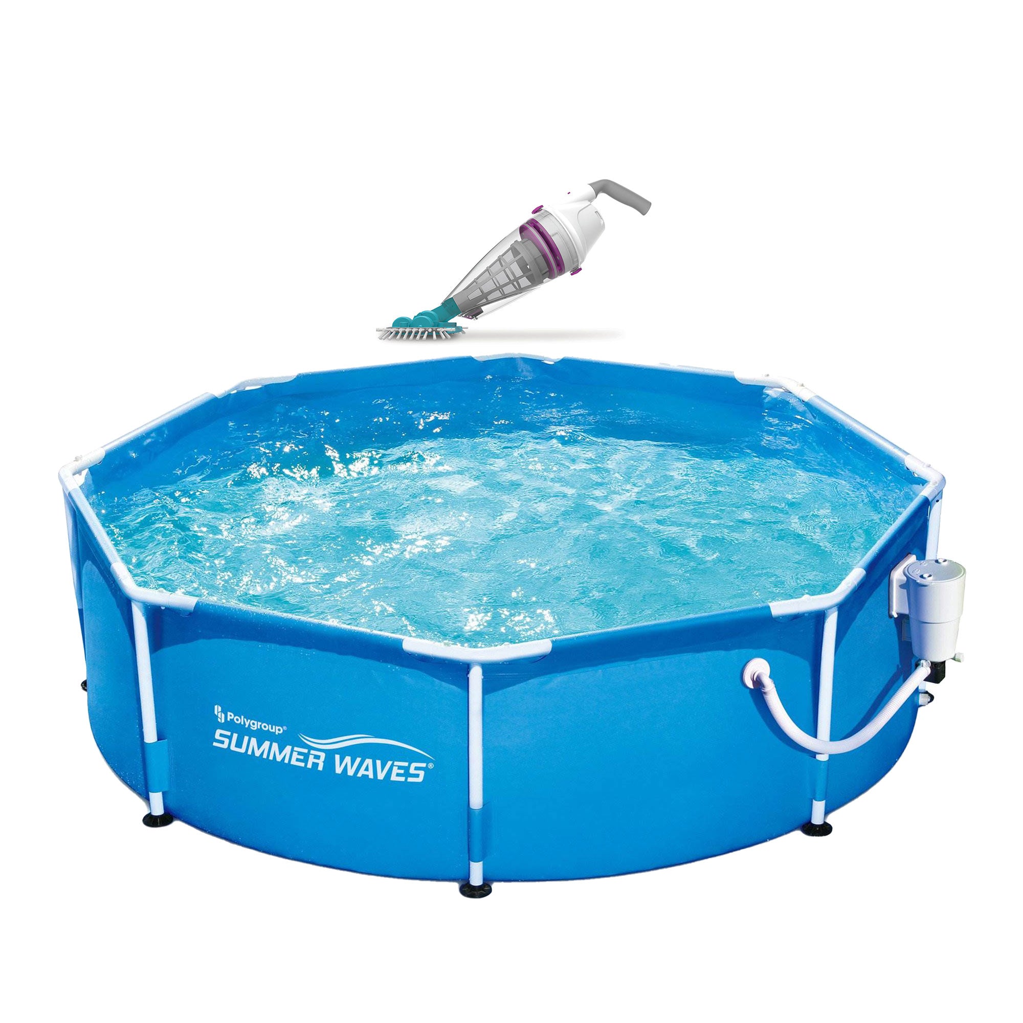 Kokido Telsa 50 Rechargeable Handheld In or Above Ground Pool Spa Vacuum Cleaner + Summer Waves 8ft x 30in Outdoor Round Frame Above Ground Swimming Pool with Pump