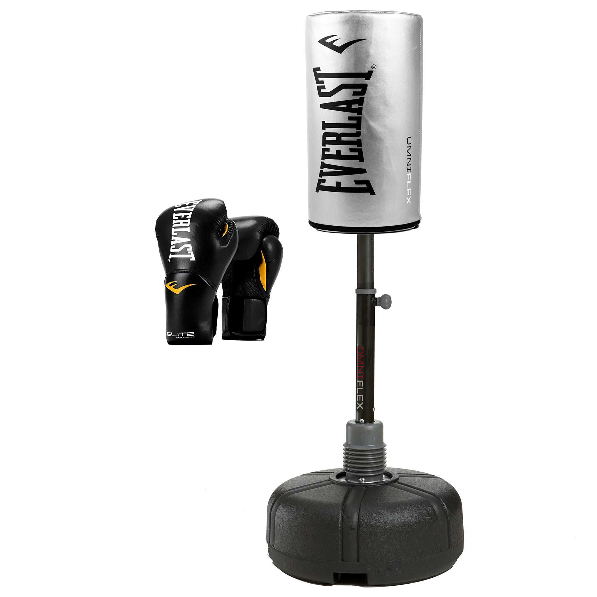 Everlast OmniFlex Punching Bag, Silver w/ Pro Style Elite Boxing Gloves, 14 Oz