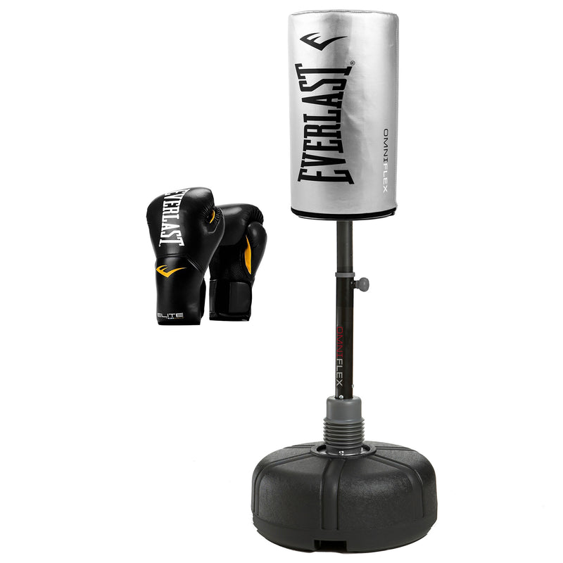 Everlast OmniFlex Punching Bag, Silver w/ Pro Style Elite Boxing Gloves, 12 Oz
