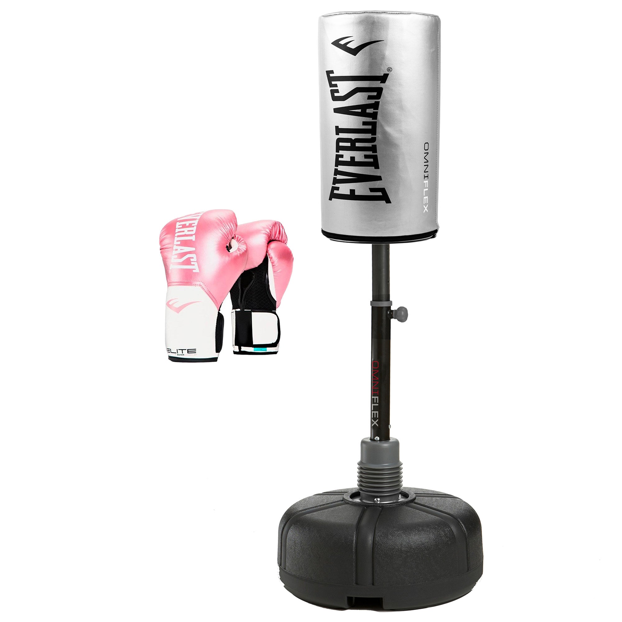 Everlast OmniFlex Punching Bag, Silver w/ Pro Style Boxing Gloves, 12 Oz, Pink