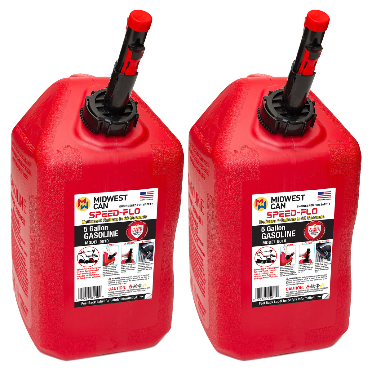 Midwest Can Company Pro Line 5 Gal Gasoline Can Container w/ Spout, Red (2 Pack)