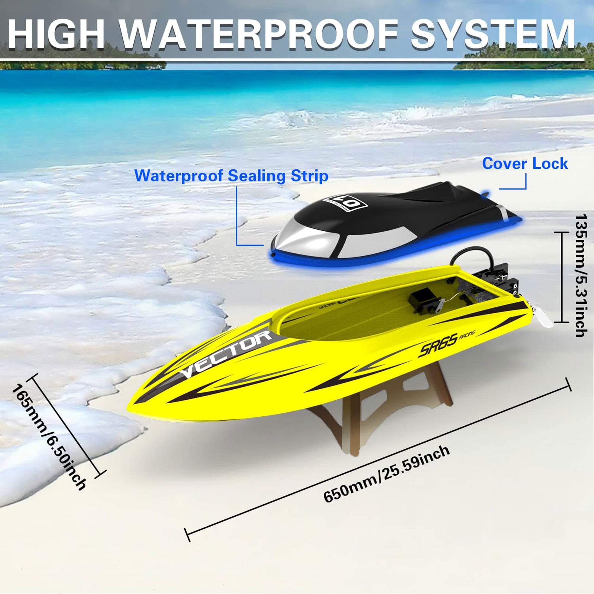 VOLANTEXRC Vector SR65 37MPH Remote Control Outdoor Electric Racing Boat, Yellow - VMInnovations
