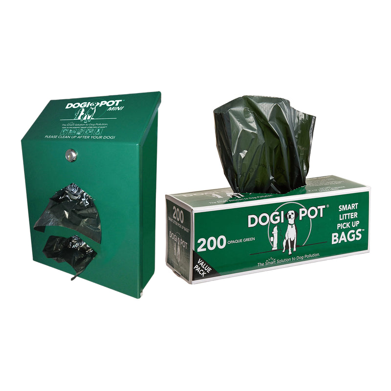 Dogipot Bag Dispenser, Green w/ 400 Bag Capacity and Case of 10 Waste Bag Rolls