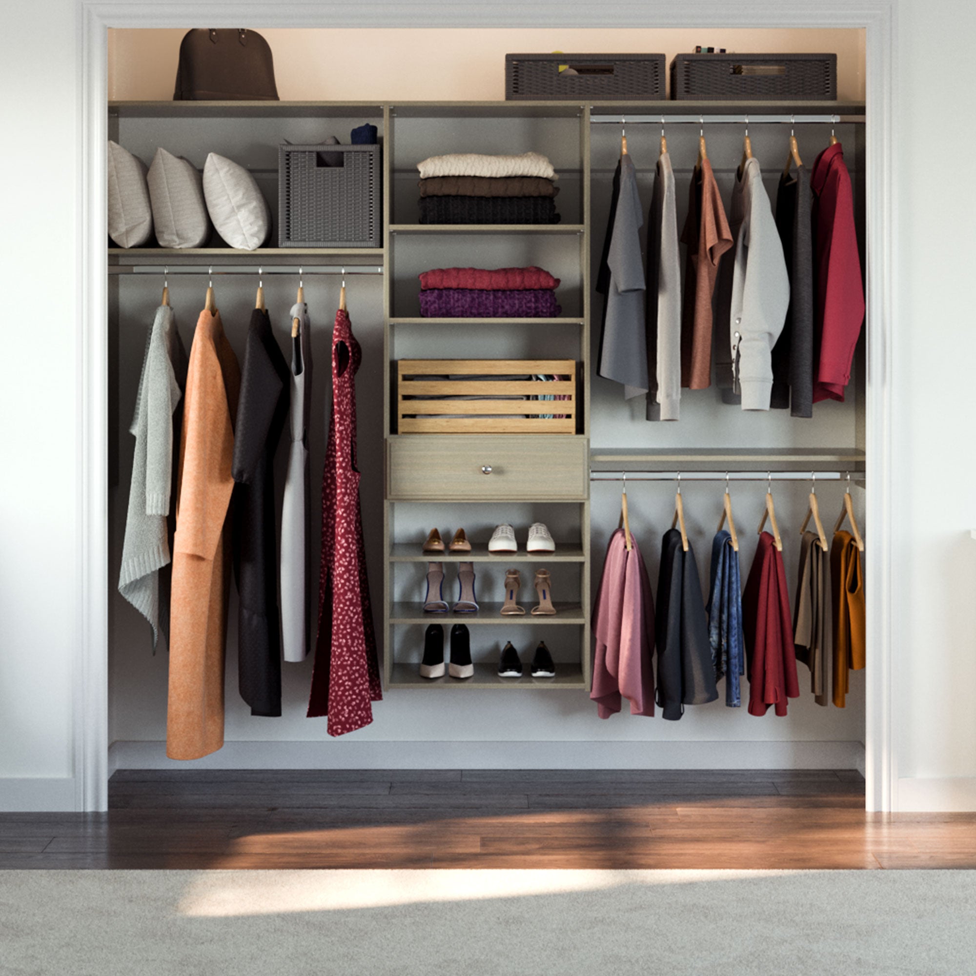 Easy Track 8 Foot Perfect Fit Reach In Bedroom Closet Storage, Weathered Grey