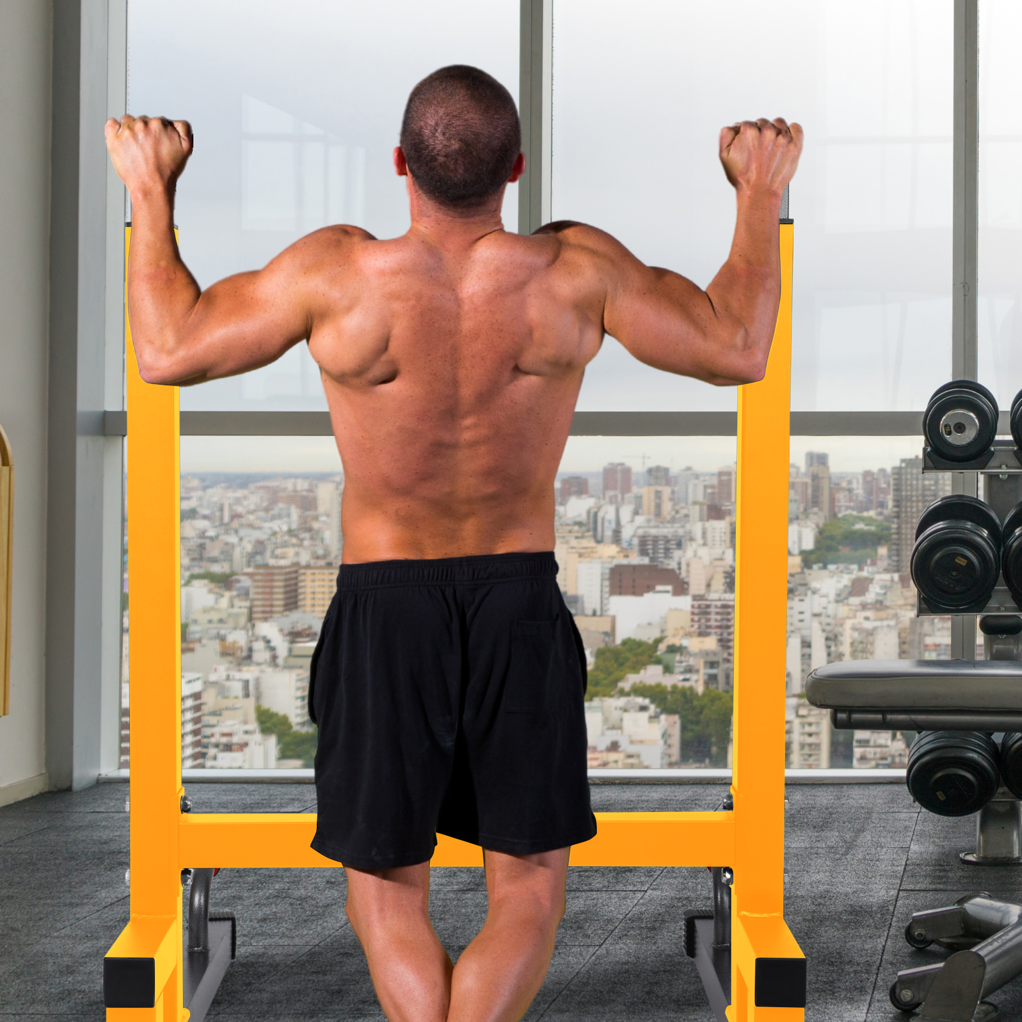 Multi-Function Home Gym Exercise Dip Stand, 500lb Capacity, Yellow (Used) - VMInnovations