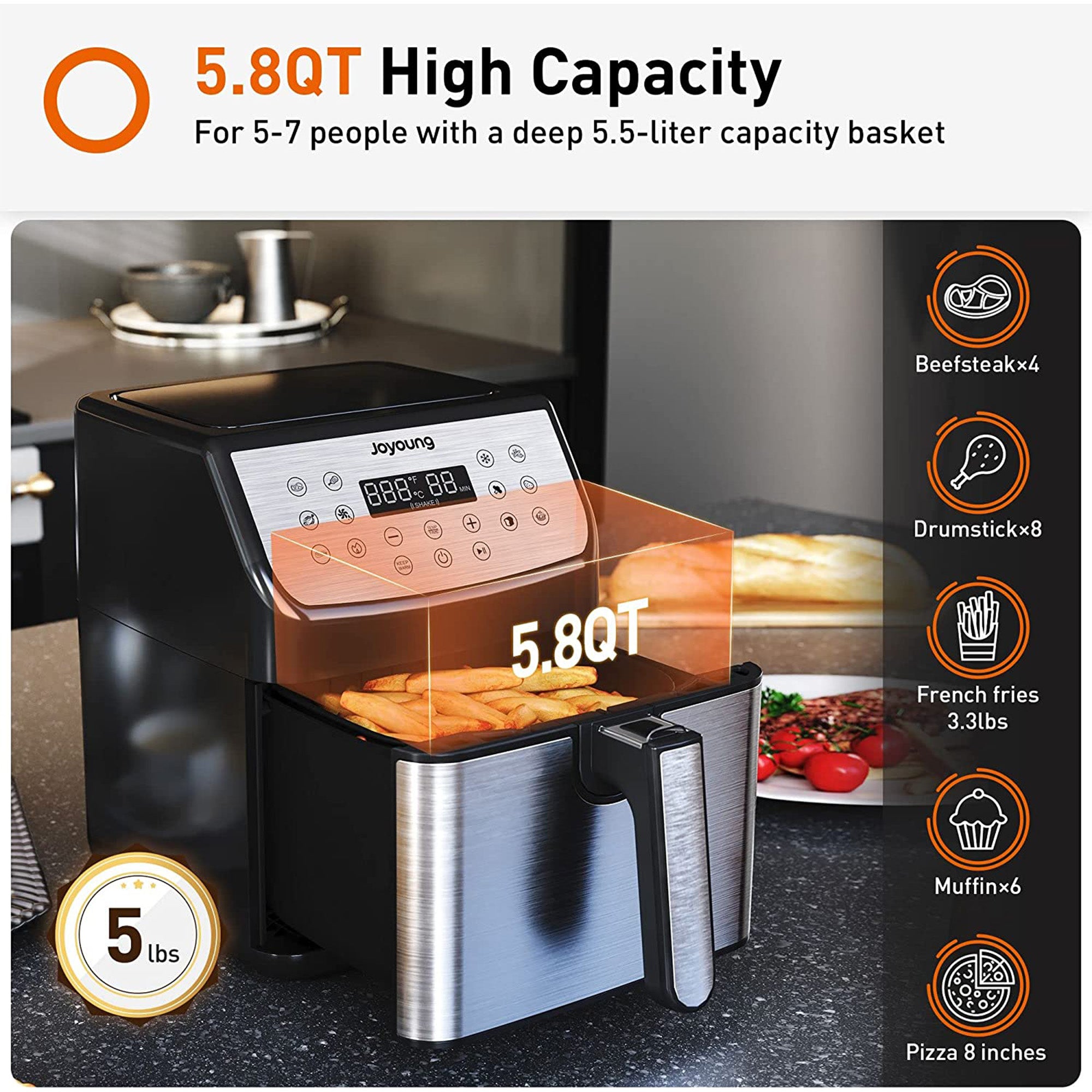 Joyoung JY-590 5.8 Quart Multi Tasker Double Basket Air Fryer w/ LED Touchscreen - VMInnovations