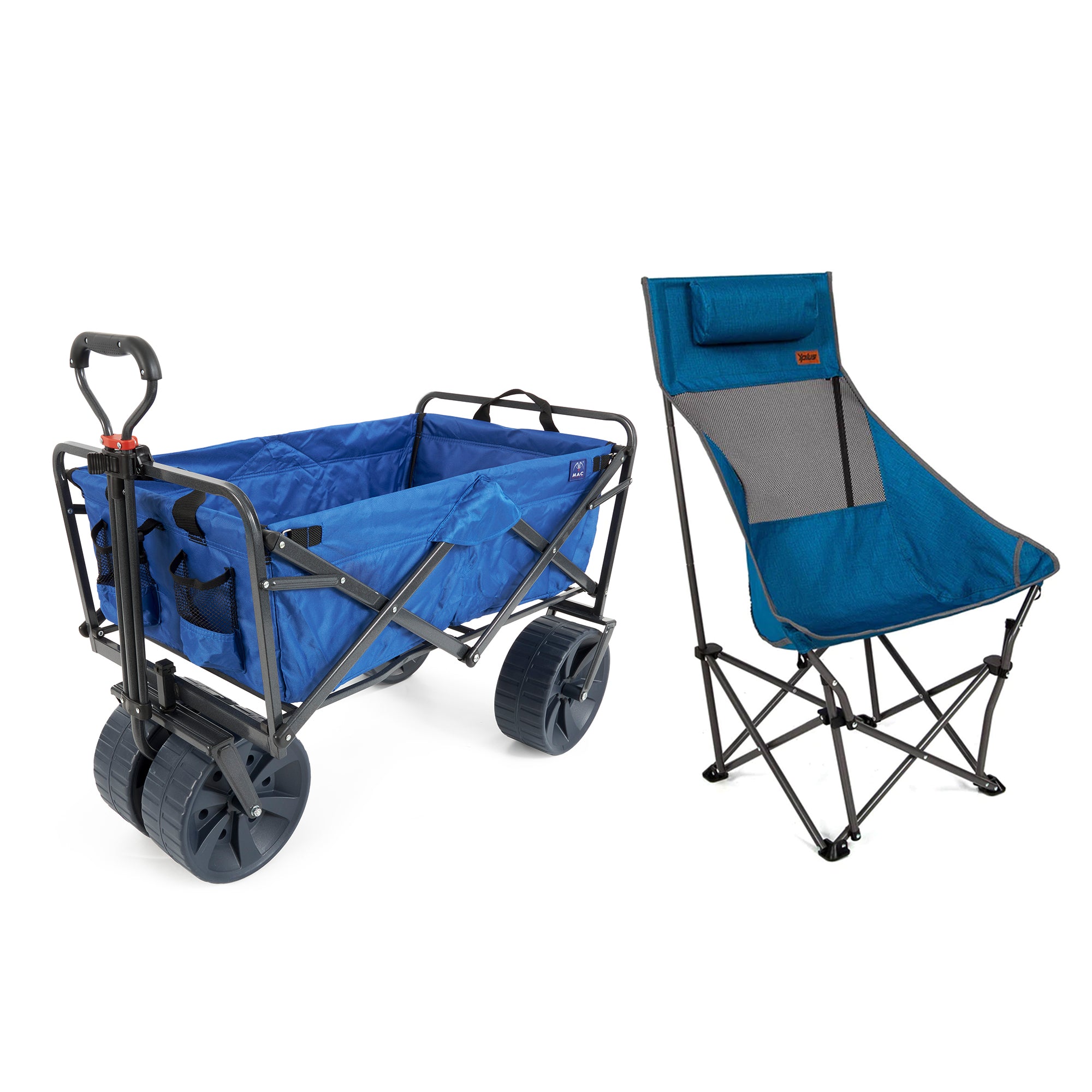 Mac Sports Outdoor Collapsible Beach Cart, Blue & Black, w/ Camping Chair, Blue - VMInnovations
