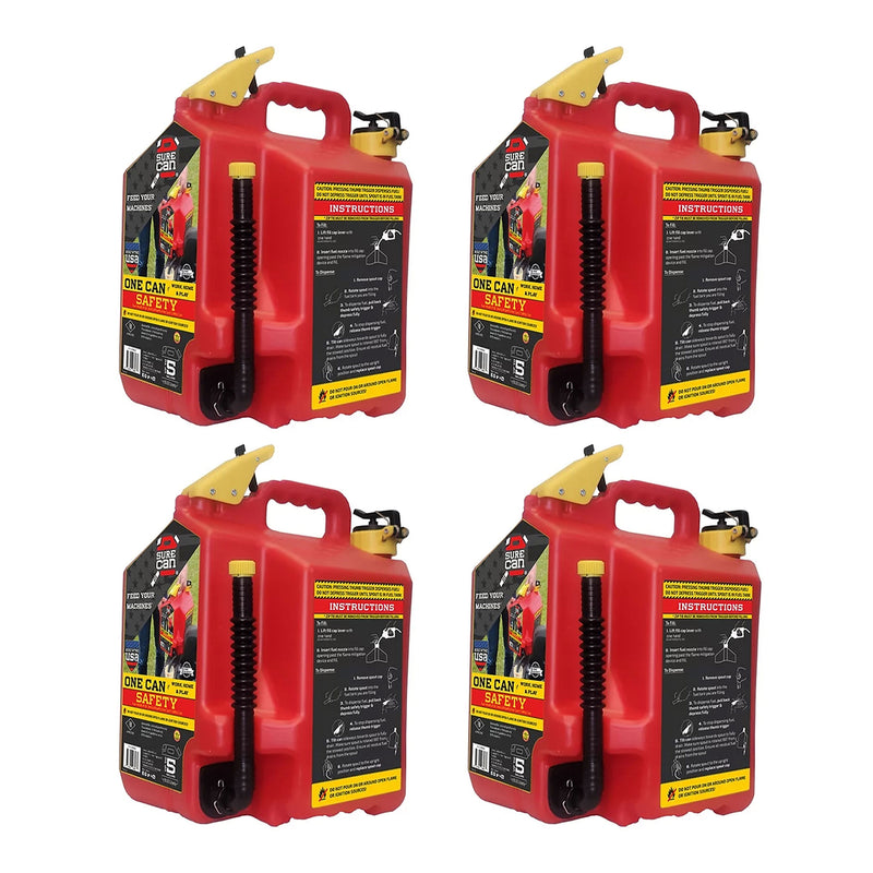 SureCan 5 Gallon Spill Free Type II Self Venting Gasoline Safety Can (4 Pack)