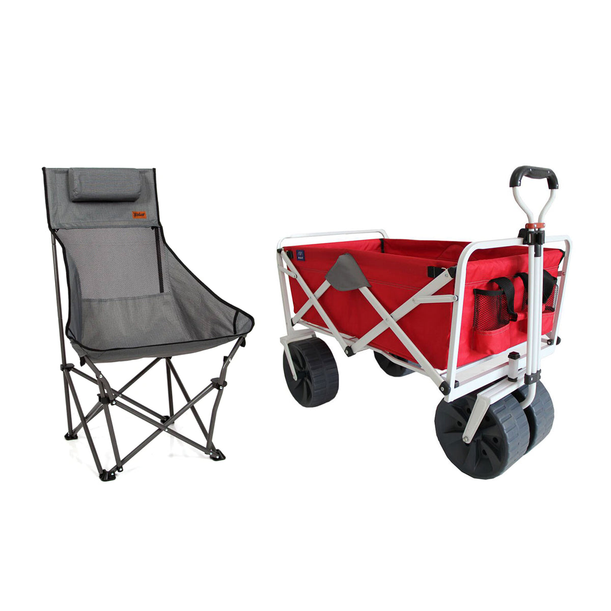 Mac Sports Folding Outdoor Utility Cart, Red, and High Back Camping Chair, Gray