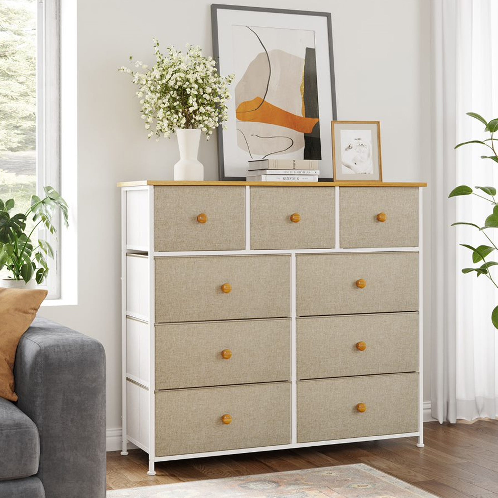 REAHOME 9 Drawer Steel Frame Storage Organizer Chest Dresser, Taupe (Open Box) - VMInnovations