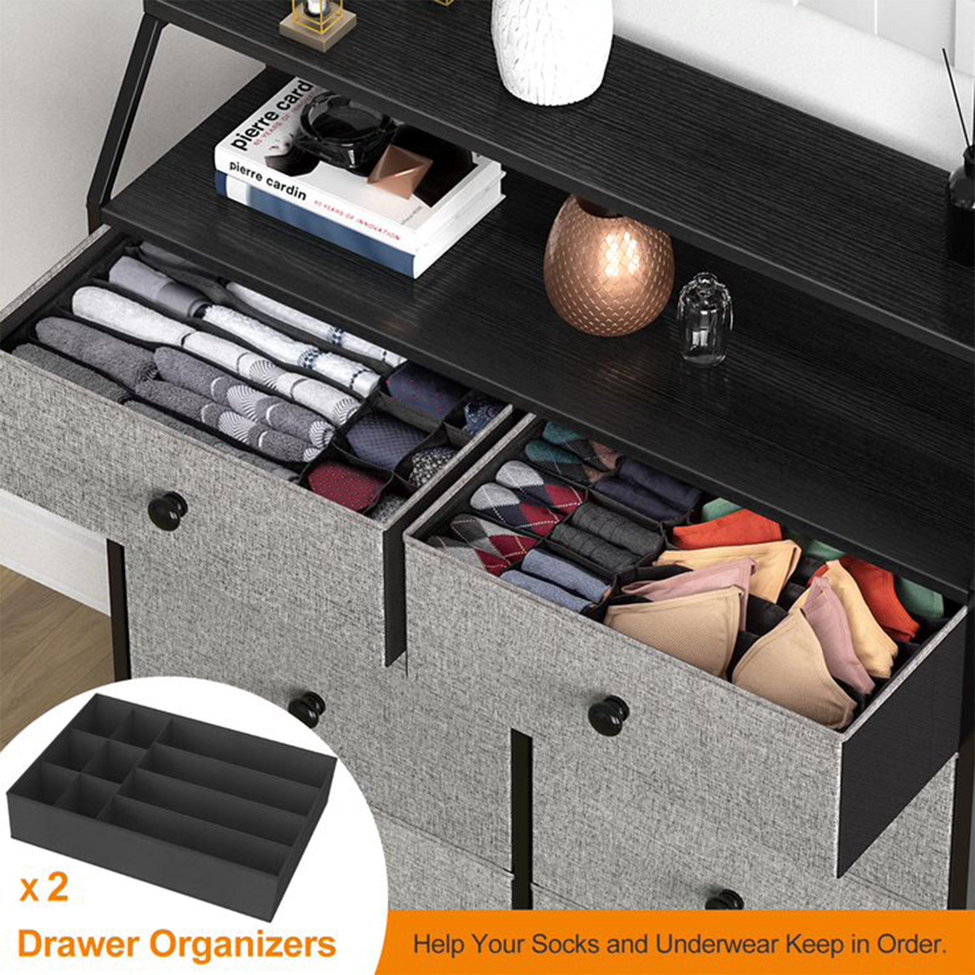 REAHOME 8 Drawer Wood Top Dresser w/ 2 Drawer Organizers, Light Grey (Used) - VMInnovations