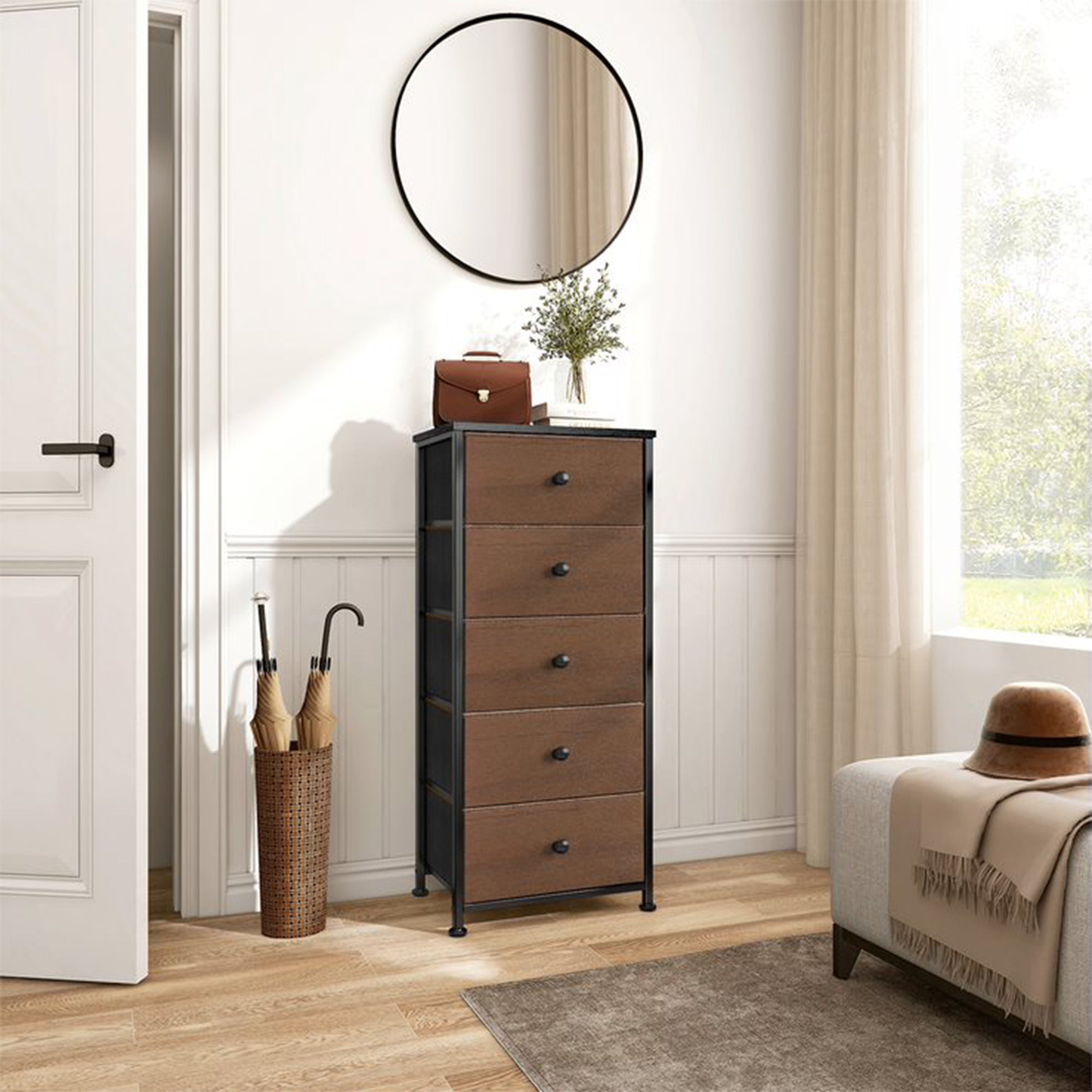 Vertical Narrow Metal Tower Dresser w/ 5 Fabric Drawer Bins, Espresso (Open Box) - VMInnovations