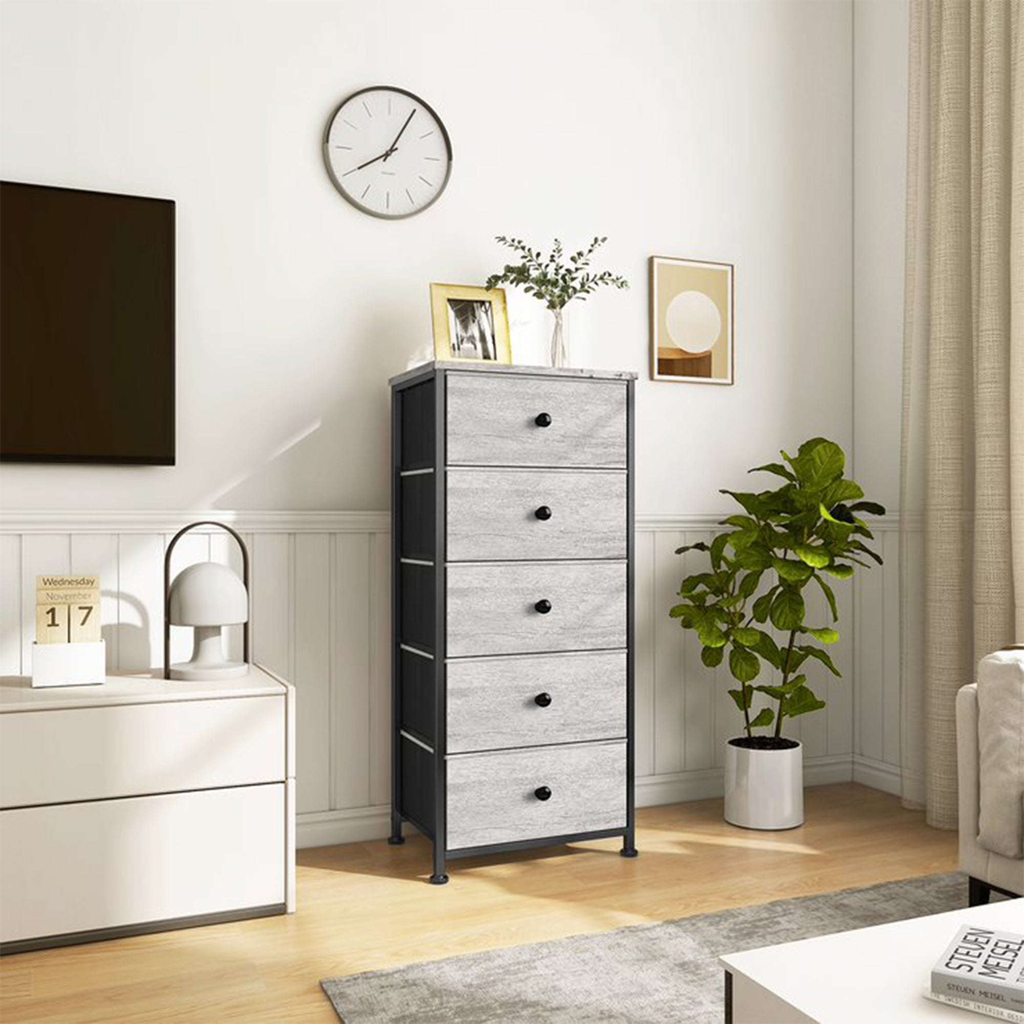 REAHOME Vertical Narrow Metal Tower Dresser w/ 5 Drawer Bins, Dark Taupe (Used)