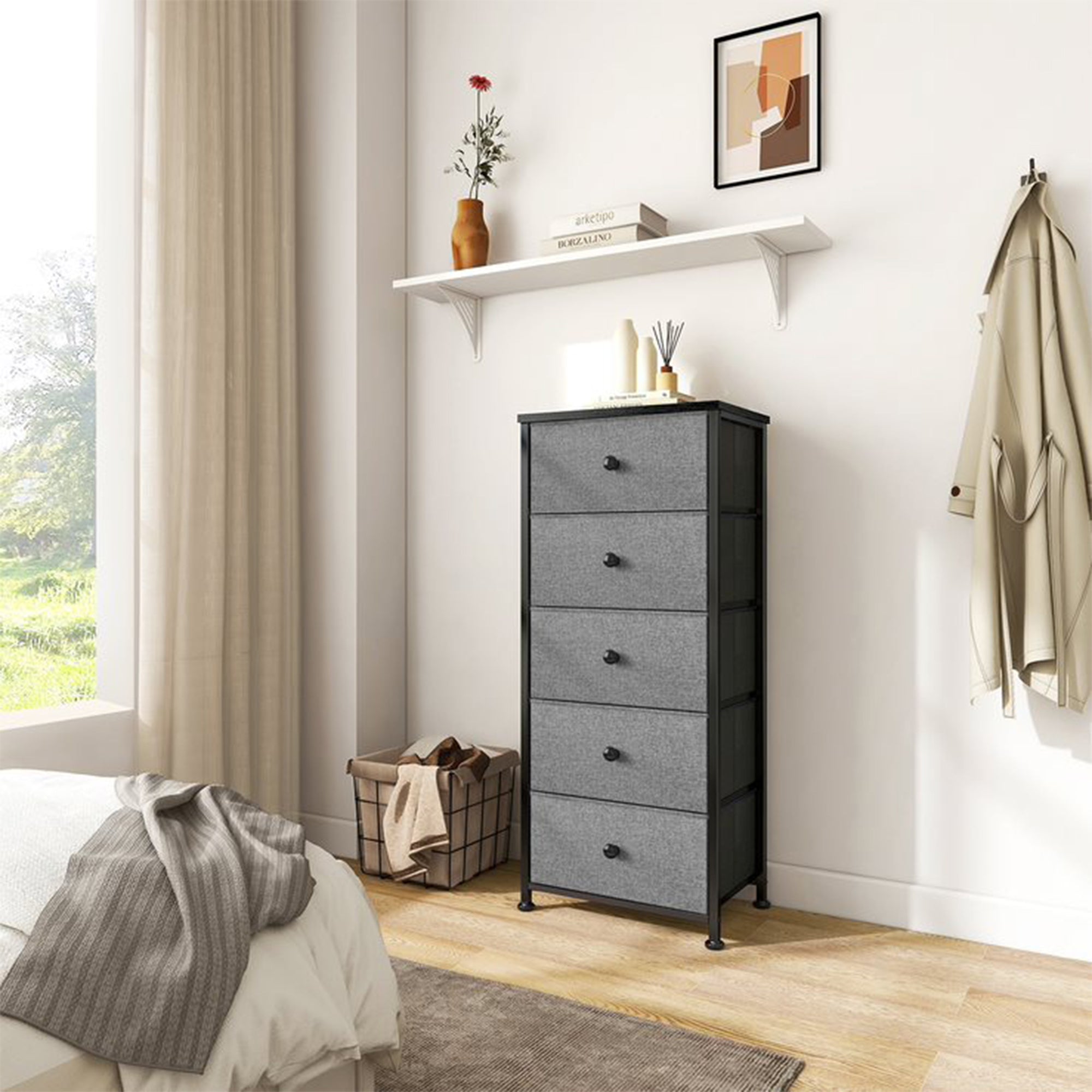REAHOME Vertical Narrow Metal Tower Dresser w/ 5 Fabric Drawer Bins, Light Grey - VMInnovations